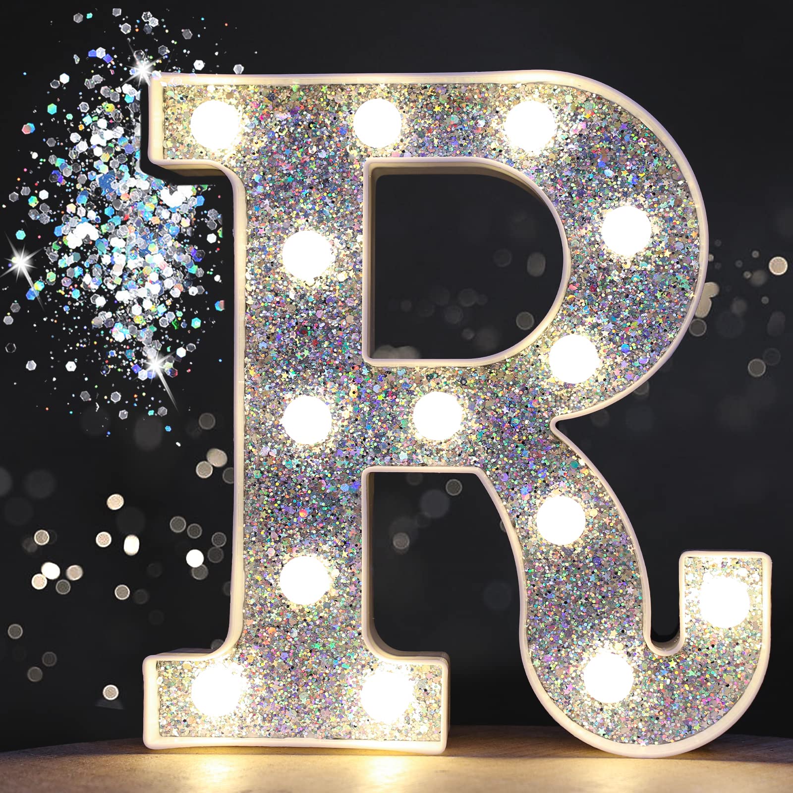 Pooqla LED Marquee Letter R - Silver Glitter Alphabet Light Up Sign with Battery Power for Night Light, Birthday Party, Wedding, Home Bar & Christmas Decoration - Perfect Gift for Girls & Women