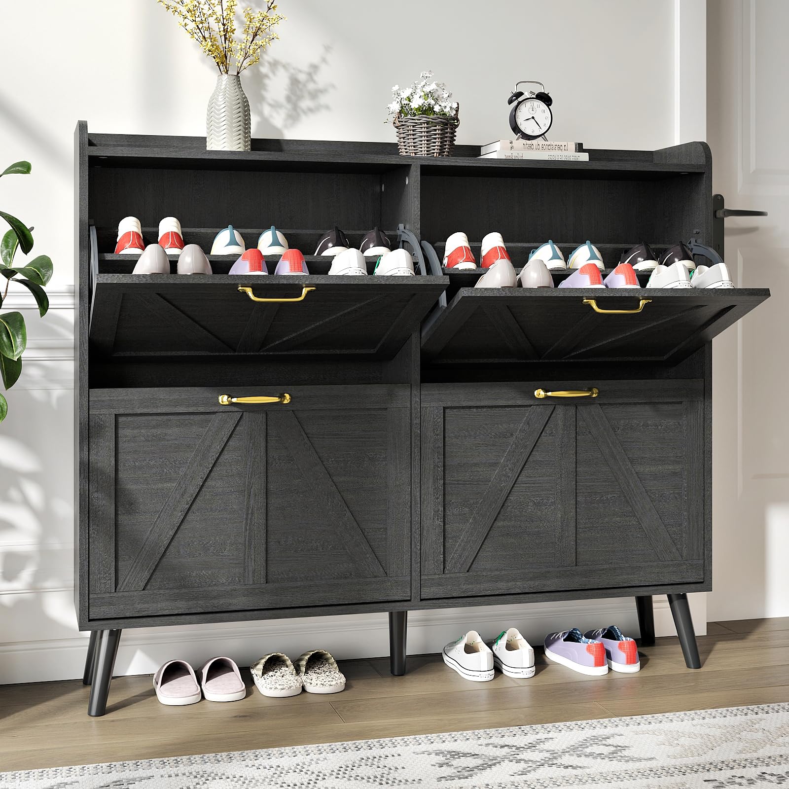 4-Tier Flip-Drawer Shoe Storage Cabinet - Freestanding Entryway Organizer with Wooden Legs | Farmhouse Style Hidden Shoe Rack for Hallway, Bedroom & Closet (Black)