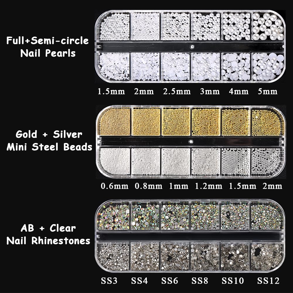 3 Boxes Nail Art Charms Kit - Gold Silver Mini Metal Caviar Beads, White Round Pearls, Flatback Rhinestones with Dotting Tools for Manicure & Nail Decoration | Perfect for DIY Nail Art, Salon Use, and Gift Giving