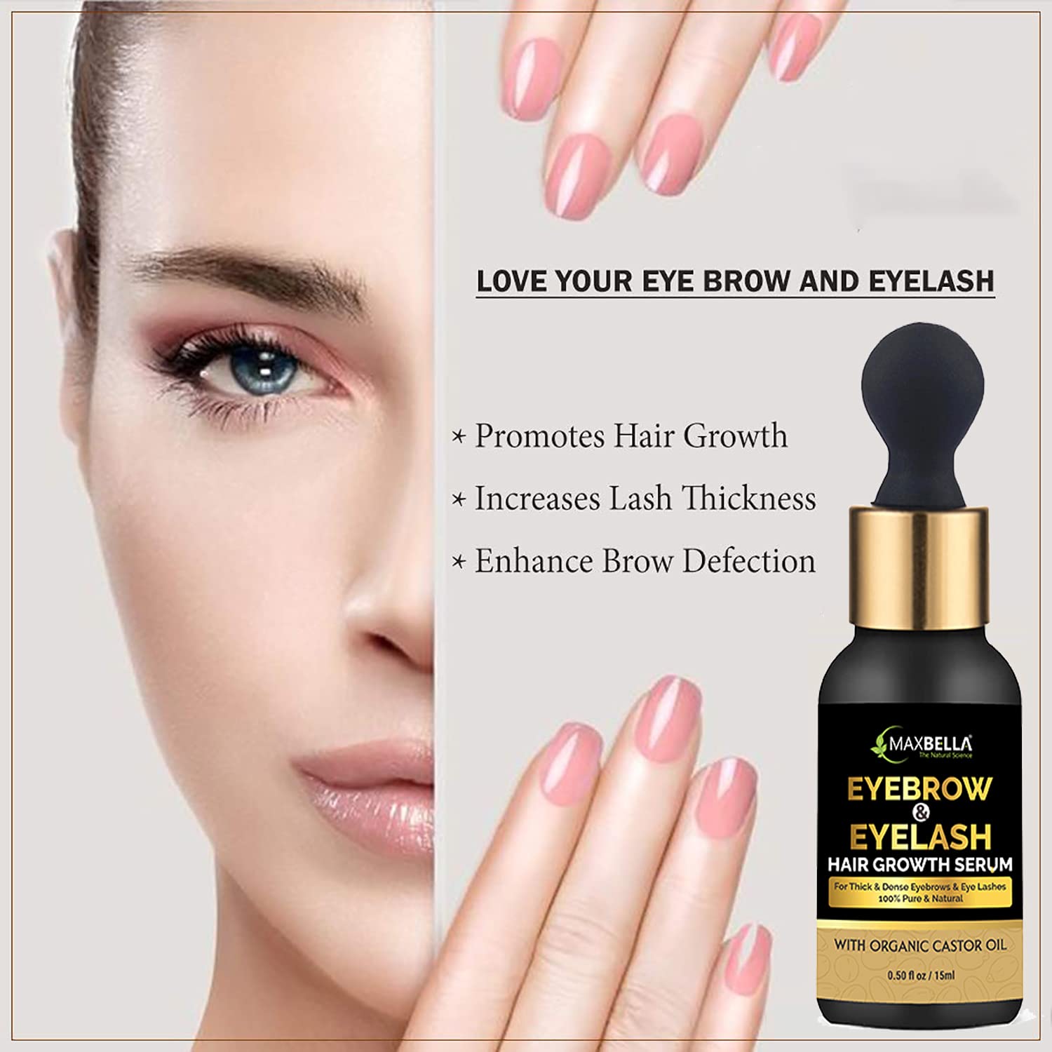 MaxBella® Eyebrow & Eyelash Growth Serum with Castor Oil, Onion Oil & Vitamin E - Natural Formula for Stronger, Fuller, Thicker Lashes & Brows | 15ml | Perfect for Daily Use & Nighttime Routine