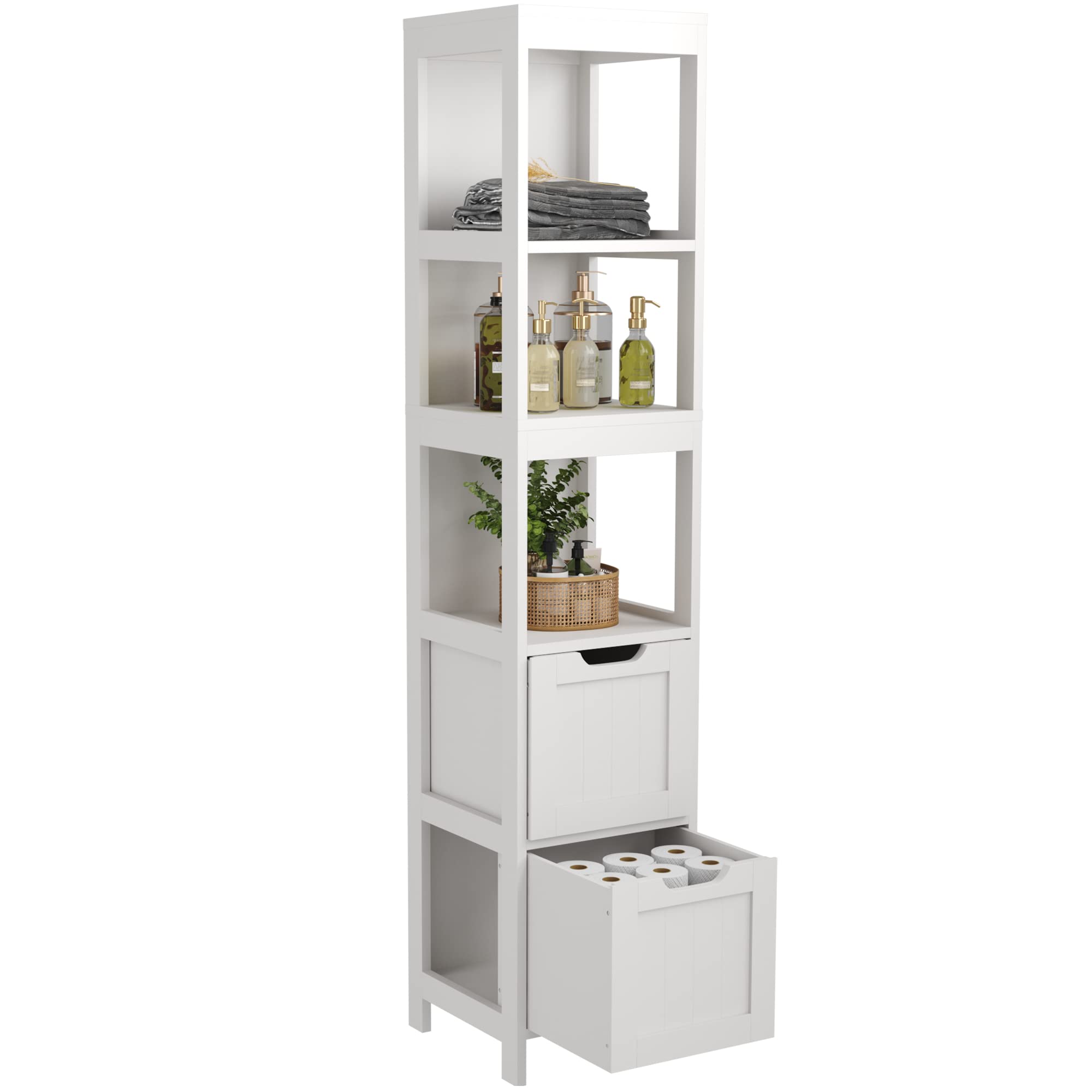 HOMEFORT White Bathroom Storage Cabinet - Slim Tall Narrow Floor Organizer with 2 Drawers & 3 Shelves | Wooden Linen Tower Freestanding Cupboard for Bathroom, Bedroom, or Laundry Room Organization