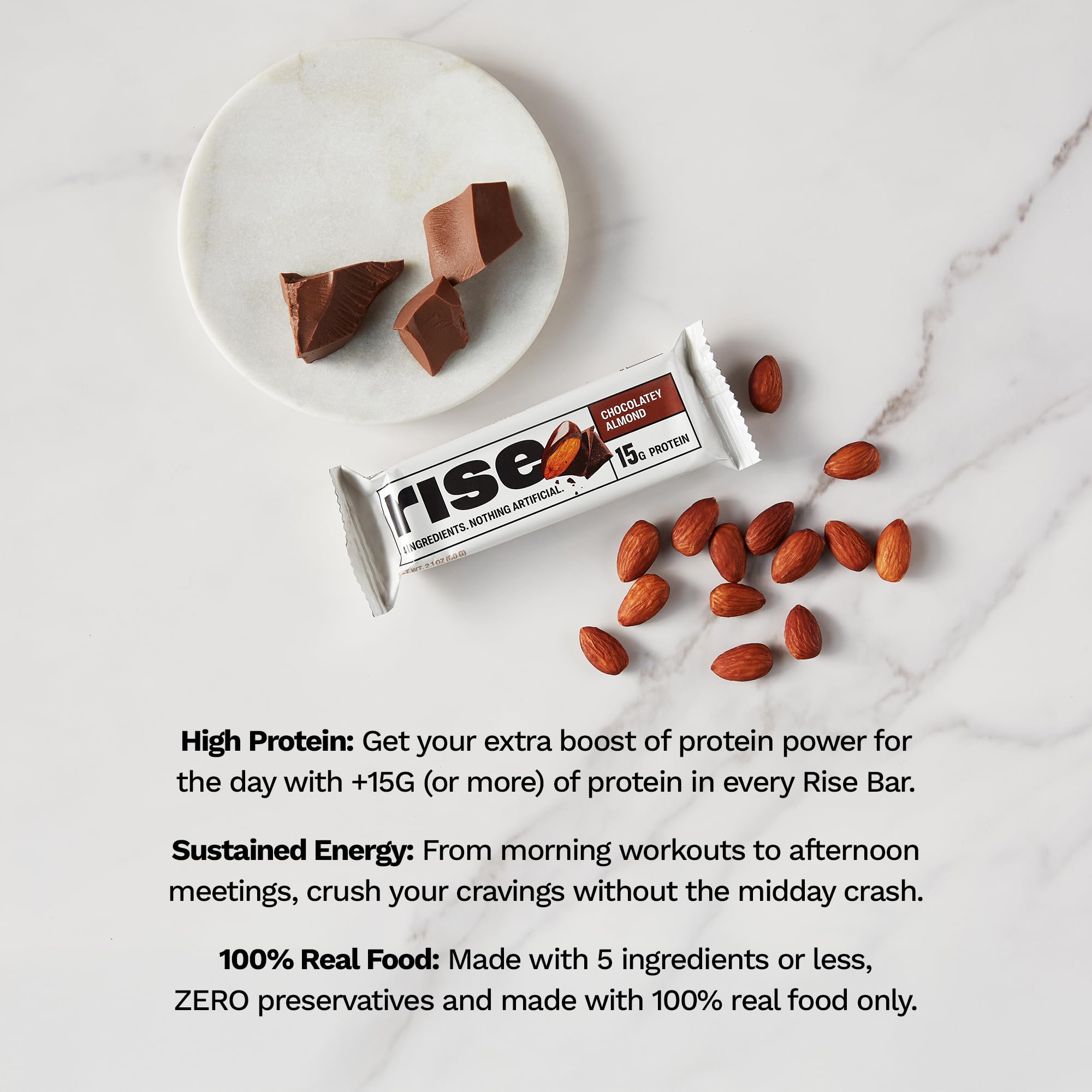 Rise Whey Protein Bars - Chocolate Almond Flavor | High Protein Snack with 15g Protein & 5g Fiber, Gluten-Free, Soy-Free, 4 Whole Food Ingredients | Perfect for Breakfast, Post-Workout & On-the-Go Nutrition