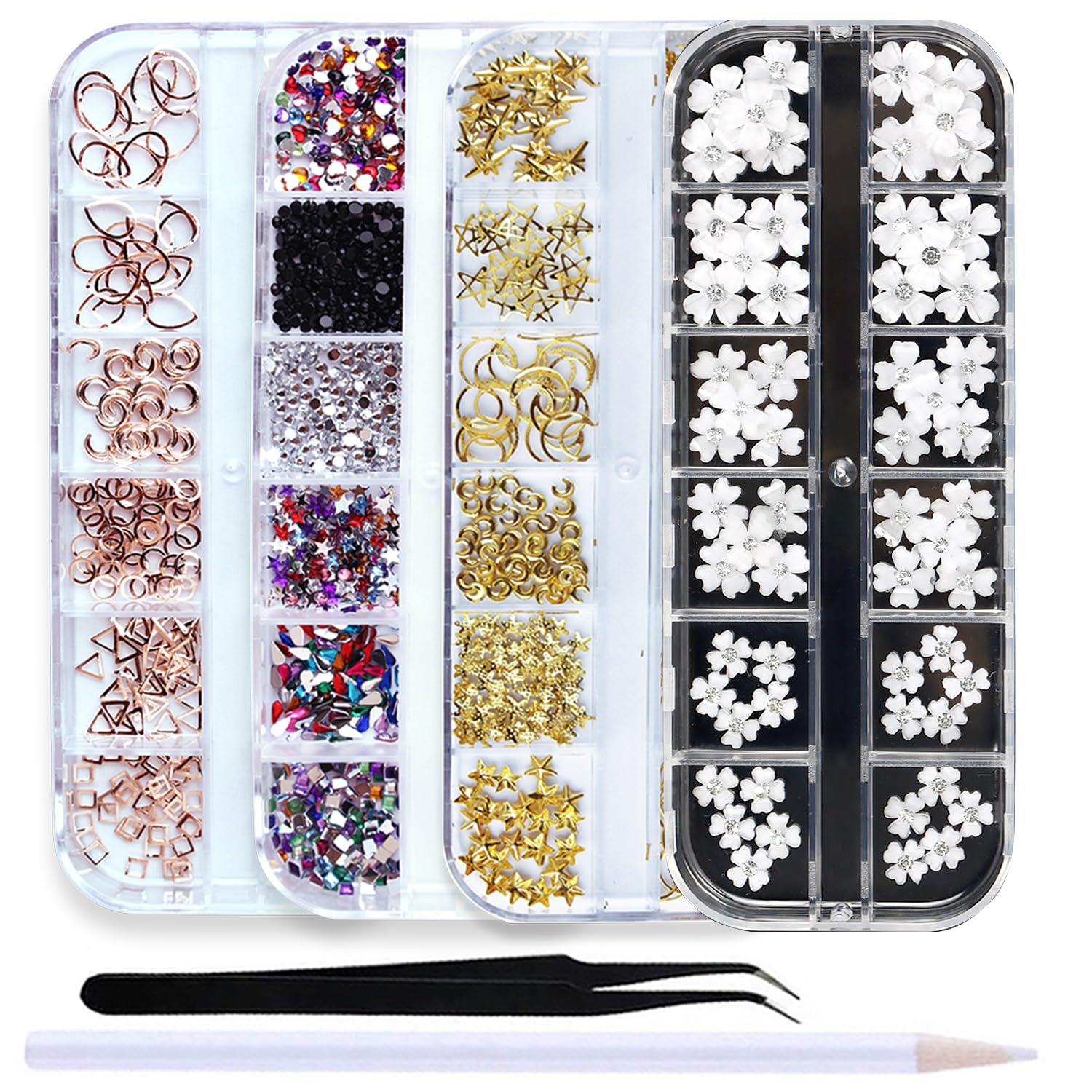 SILPECWEE 4 Boxes 3D Rhinestones for Nail Art - Flat Back Nail Crystals, Gold Nail Charms, 3D Nail Decoration Kit with Tweezers - Perfect for DIY Nail Designs, Manicures, and Professional Salon Use