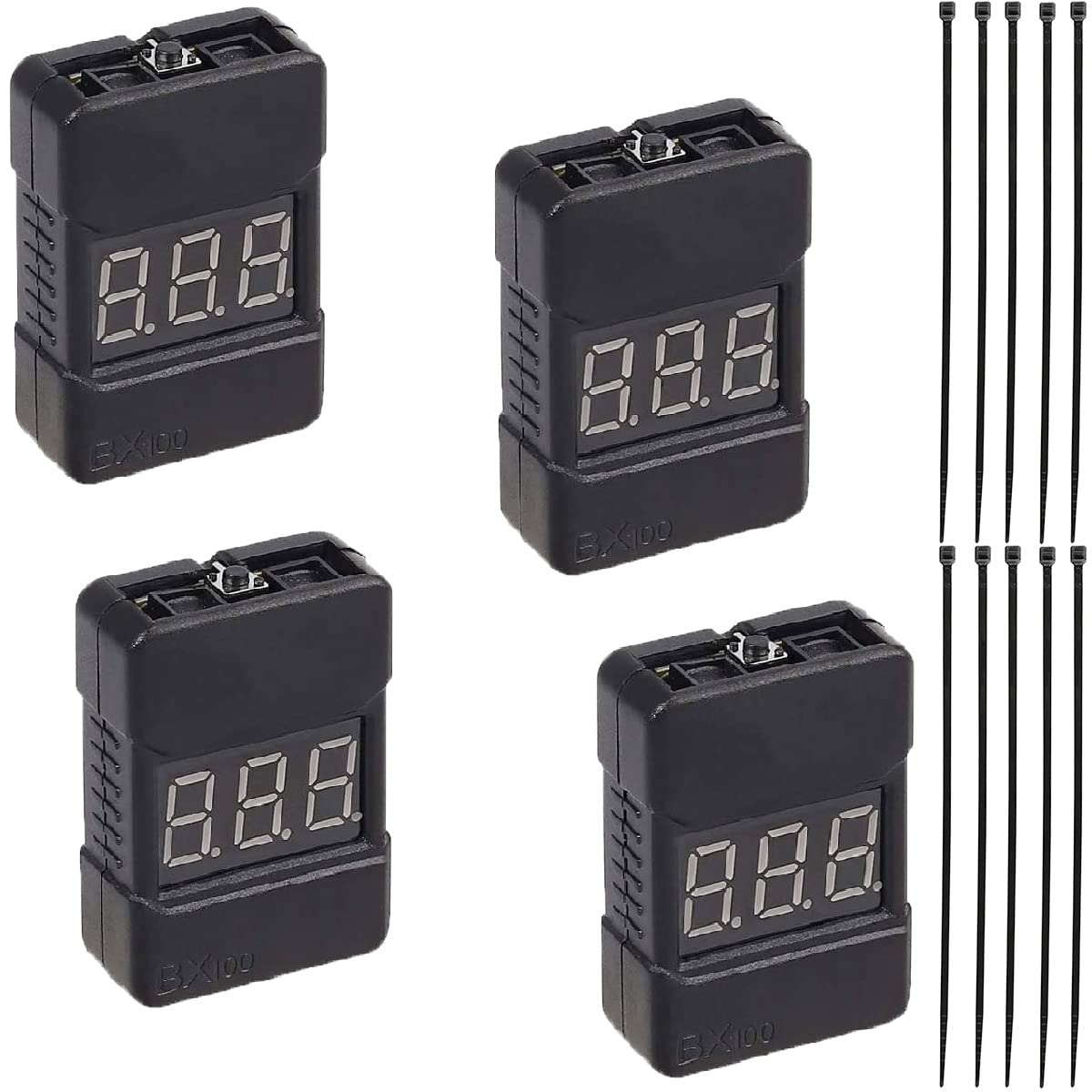 4PCS RC 1-8S Lipo Battery Voltage Tester with LED Indicator & Buzzer Alarm - Li-ion/LiMn Battery Checker with Nylon Cable Ties - Perfect for Drone, RC Car, and Airplane Battery Maintenance