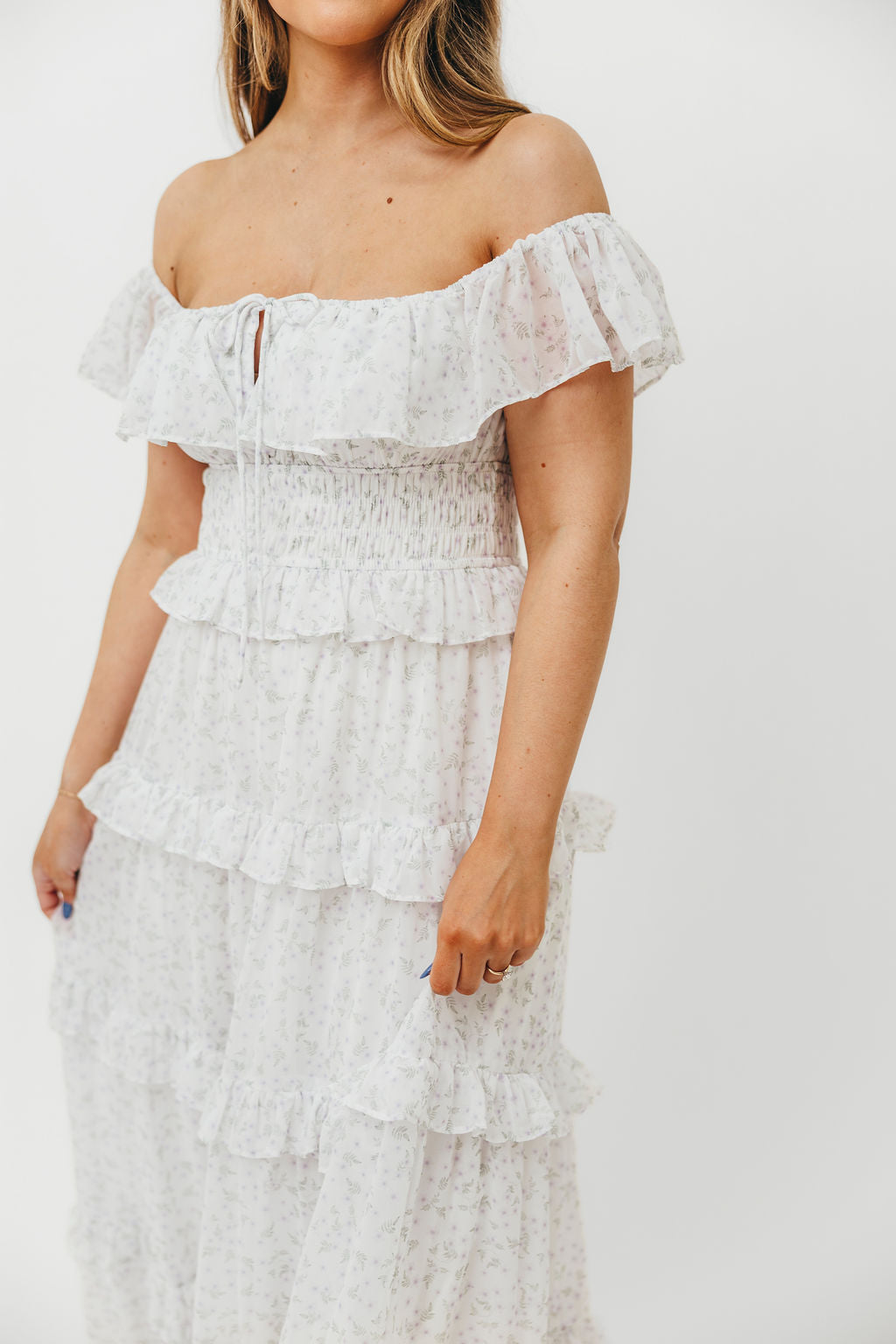 Astrid Ruffle Detail Maxi Dress - Lavender Floral Maternity Dress for Bump Friendly Comfort | Perfect for Baby Showers, Summer Weddings & Beach Vacations