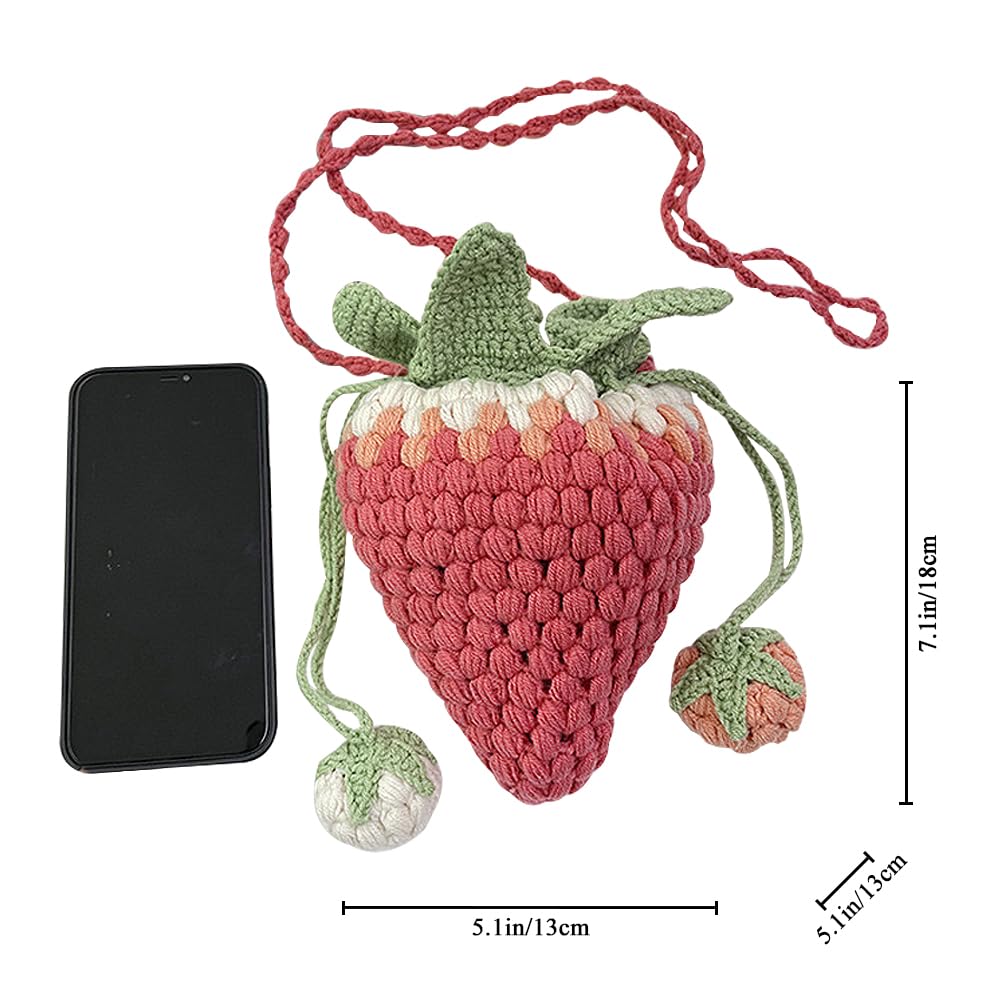 Handmade Knitted Wool Strawberry Crossbody Bag for Women - Cute Drawstring Shoulder Purse for Casual Outings, Shopping & Travel