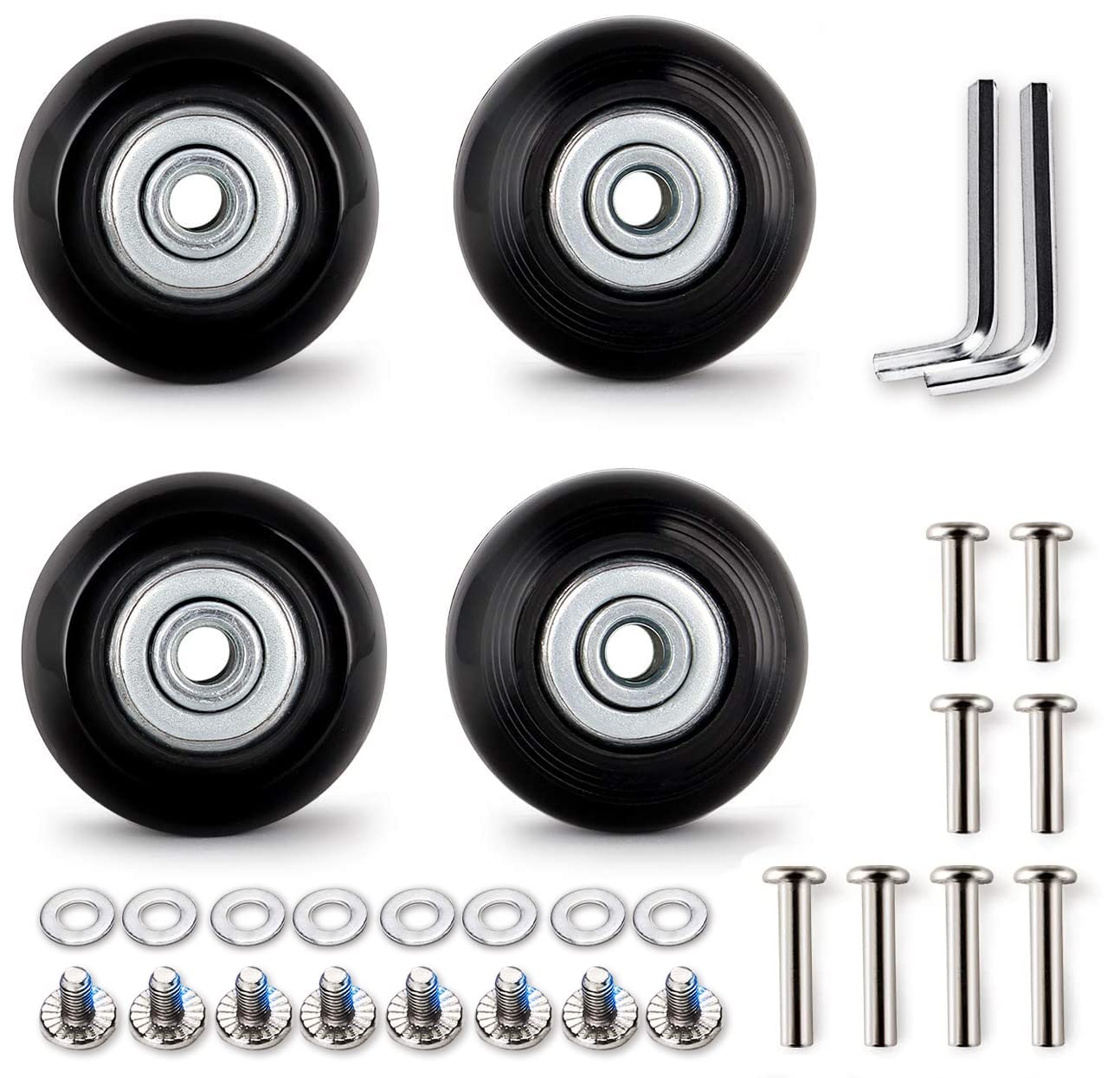 45mm Luggage Wheel Replacement Set - 4 Pack Heavy Duty Swivel Caster Wheels with Bearings & Axles (Fits 30mm & 35mm) - Black Rubber Suitcase Repair Kit 3.31x3.07x1.3 inches - Perfect for Travel Luggage, Trolley Cases & Rolling Bags