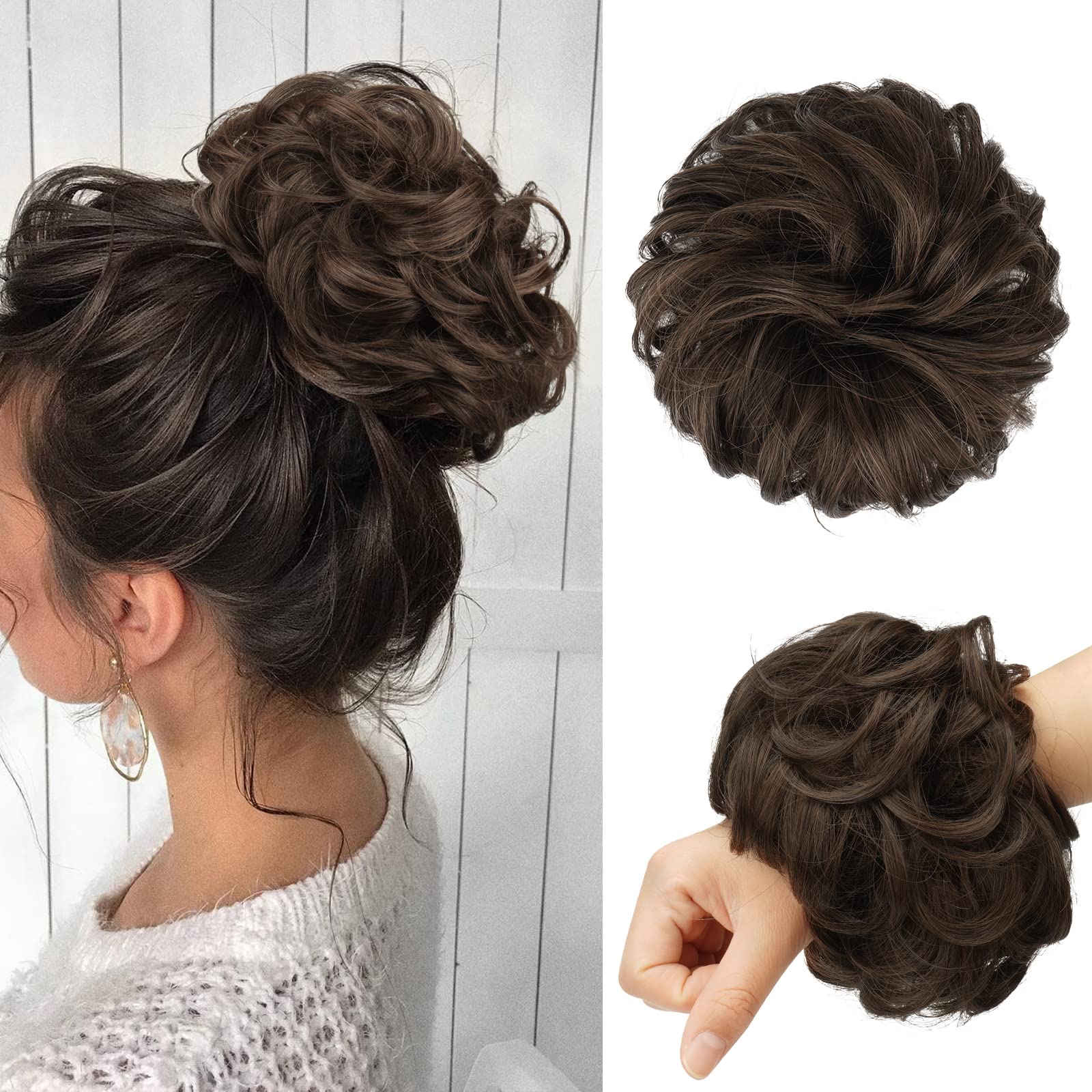FESHFEN Messy Curly Hair Bun Extensions - Synthetic Donut Updo Hairpieces for Women & Girls (1.94oz) - Plus Size Scrunchies for Effortless Hairstyles | Perfect for Weddings, Parties & Everyday Wear