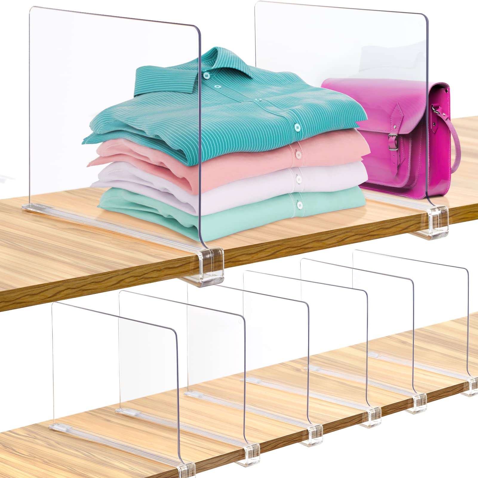 8 Pack Clear Acrylic Shelf Dividers for Closet Organization - Vertical Storage Organizer for Sweaters, Handbags & Purses - Perfect for Bedroom, Kitchen, Office & Wood Shelves