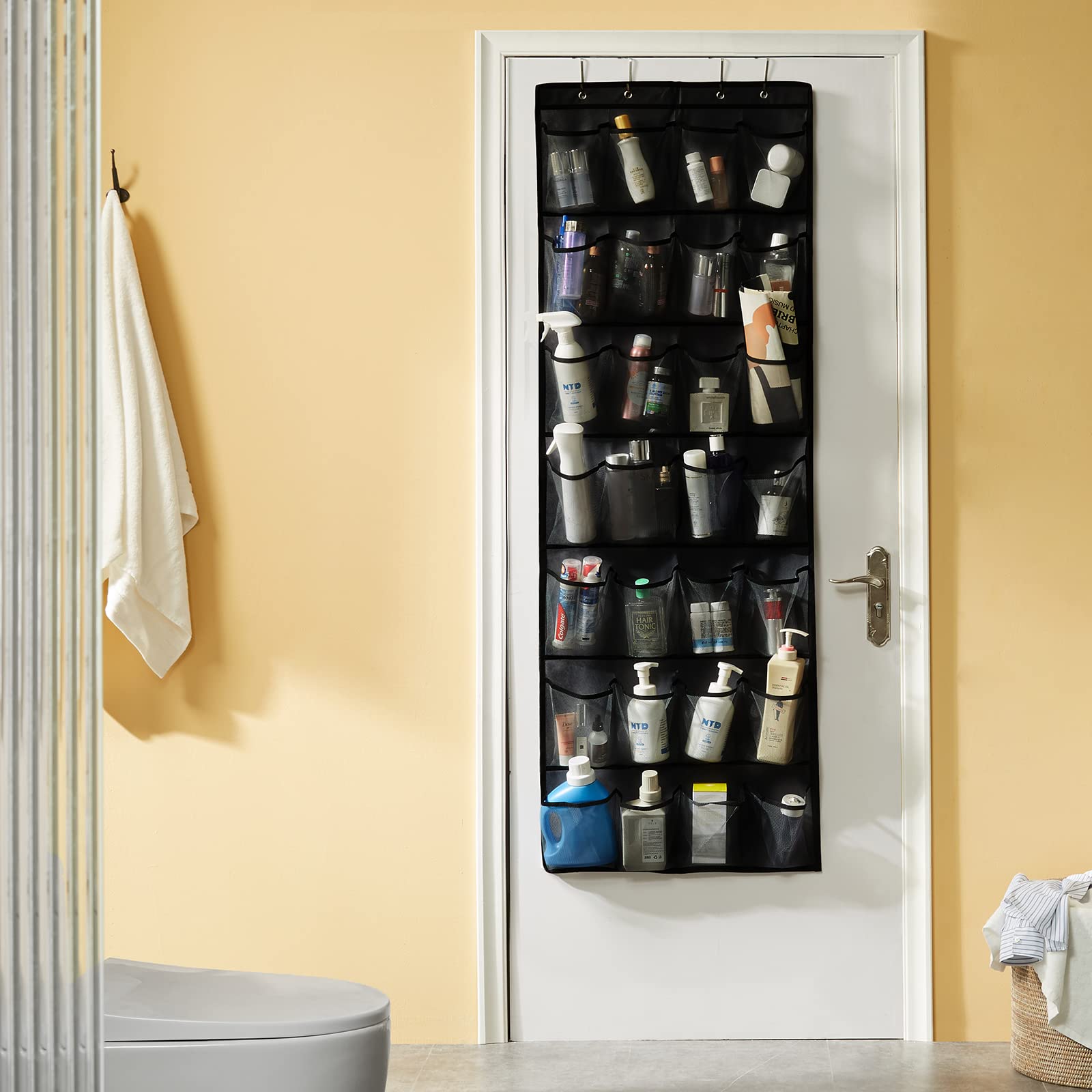 Over Door Shoe Organizer with 28 Extra Large Mesh Pockets - Space Saving Hanging Shoe Rack for Closet, Bedroom & Entryway Organization (Black)