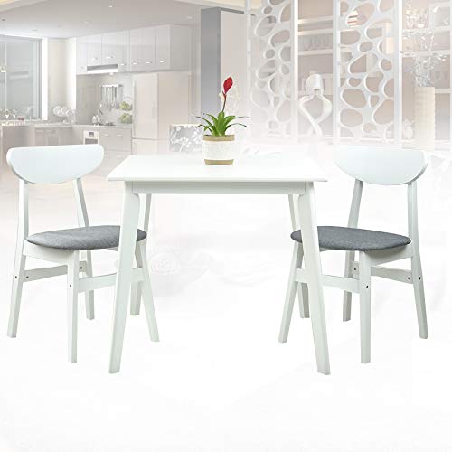 Modern Solid Wood Wickerix Dining Set - 2 Yumiko Chairs & Square Table with Padded Seats (White Frame & Light Gray Cushion) | Perfect for Kitchen, Breakfast Nook & Small Space Dining Areas