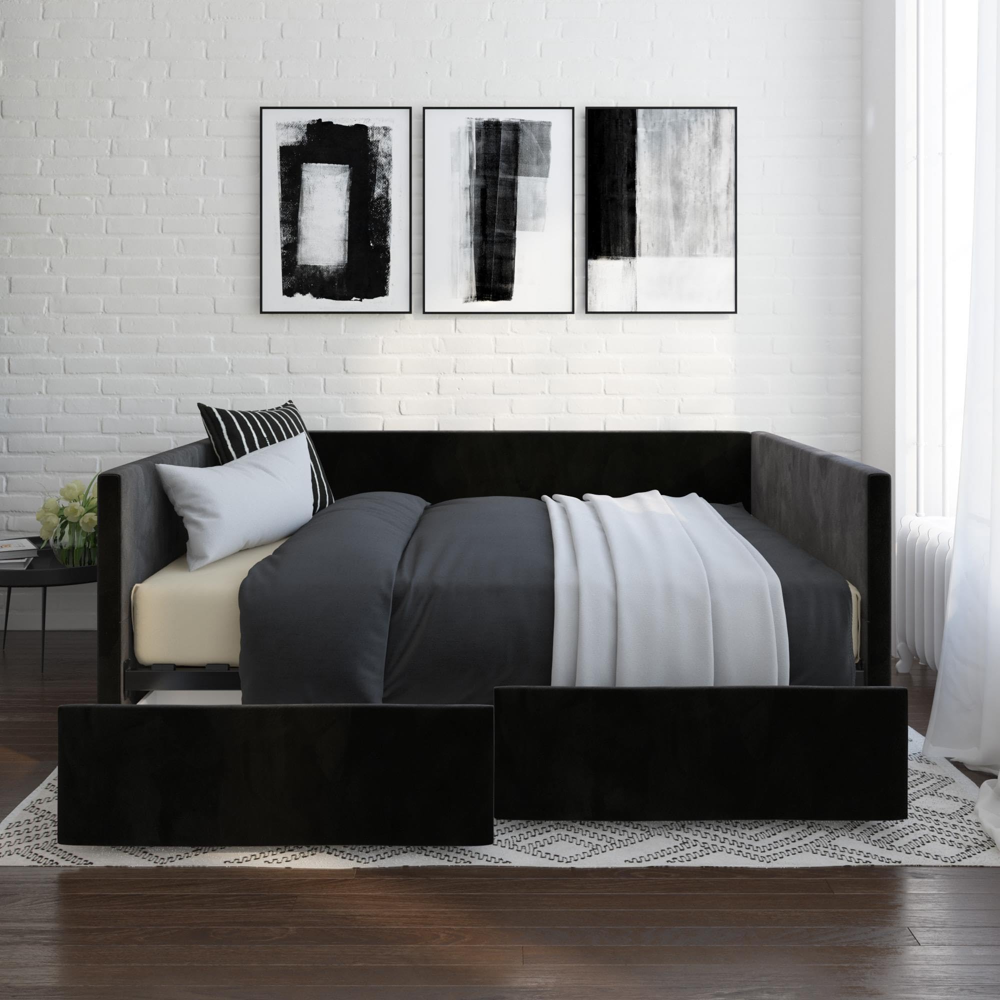 DHP Theo Full Size Daybed with Storage Drawers - Black Velvet Upholstered Sleeper Sofa for Guest Room, Dorm & Small Space Living