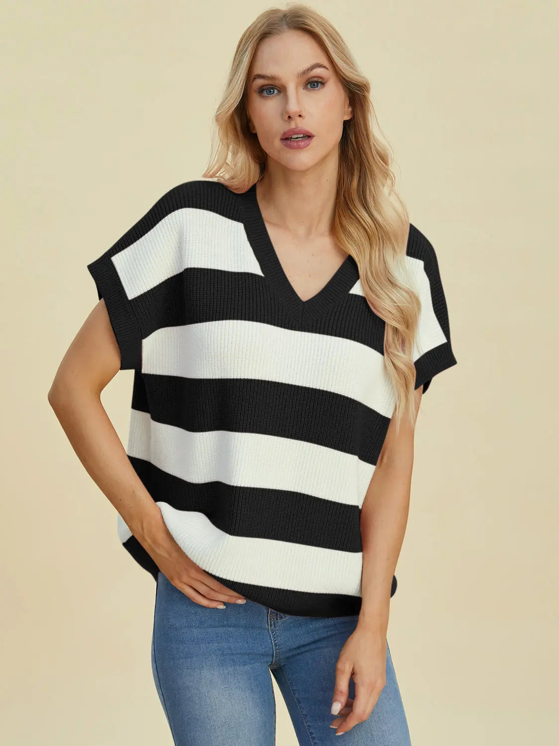 Double Take Full Size Striped V Neck Short Sleeve Sweater for Women - Soft Knit Pullover Casual Top for Spring & Summer Outfits | Office Wear, Date Night, Weekend Brunch