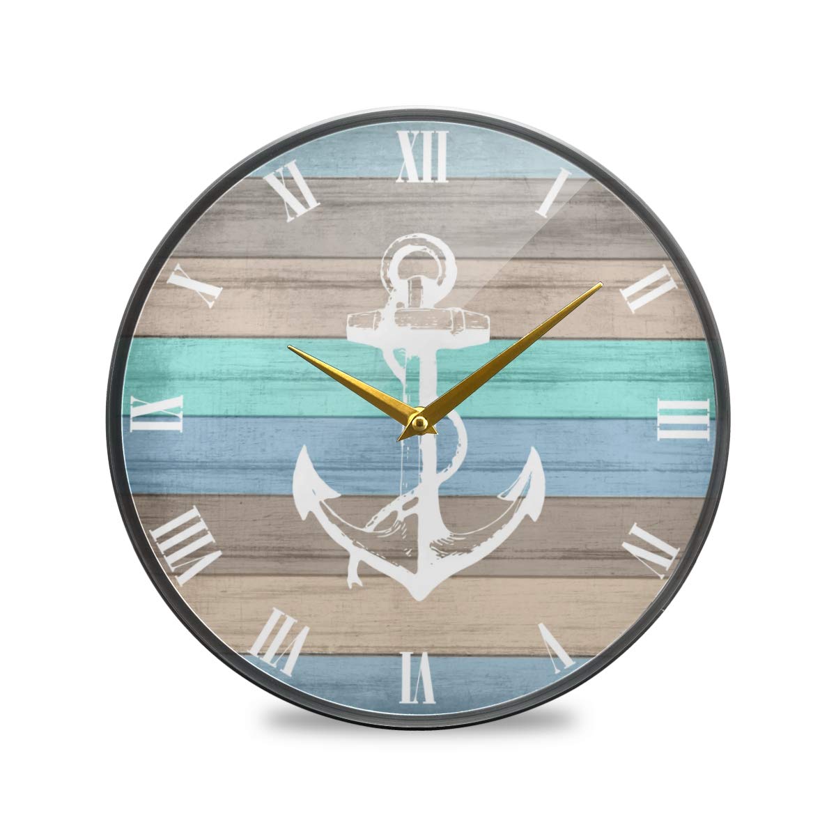 9.5 Inch Wood & Acrylic Nautical Stripes Anchor Wall Clock - Silent Non-Ticking Desk Clock for Living Room, Kitchen, Office Decor | Perfect for Coastal, Beach House & Marine Theme Home Décor