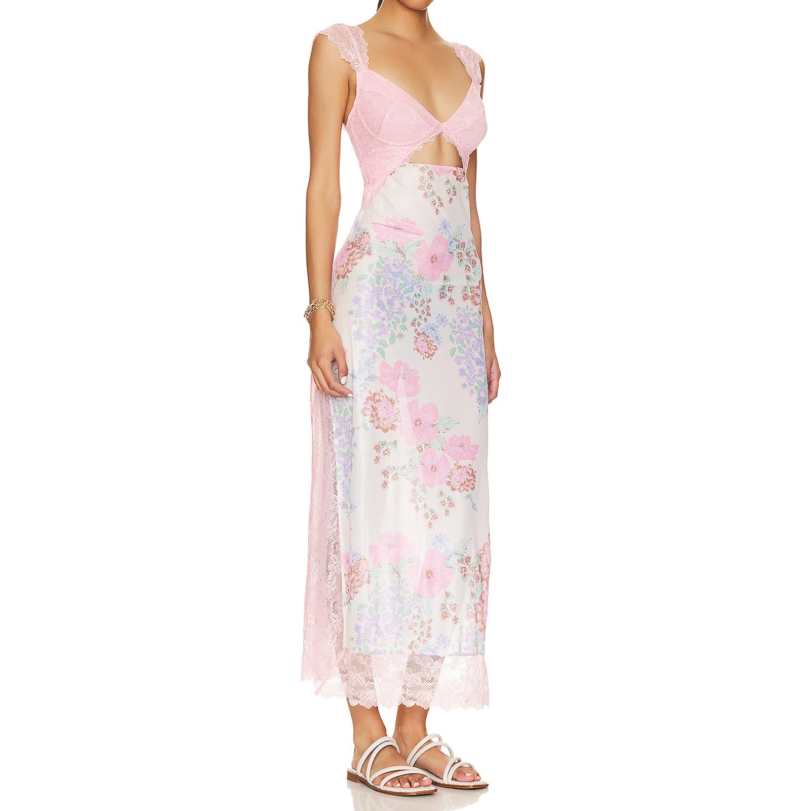 Elegant Women's Floral Lace Patchwork Maxi Dress - Backless Spaghetti Strap Cutout Long Dress with High Split | Perfect for Summer Beach Parties, Date Nights & Vacation Getaways