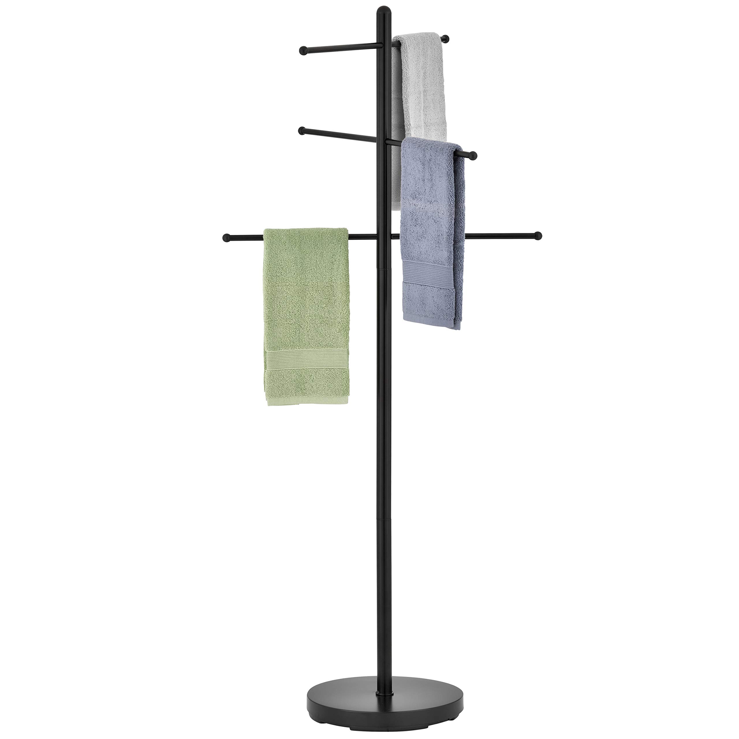 MyGift 6-Bar Modern Black Freestanding Outdoor Pool Towel Rack - Heavy Duty Metal Towel Holder for Bathroom, Hot Tub, Spa & Poolside - Round Weighted Base for Stability - Perfect for Beach Houses, Resorts & Backyard Lounging