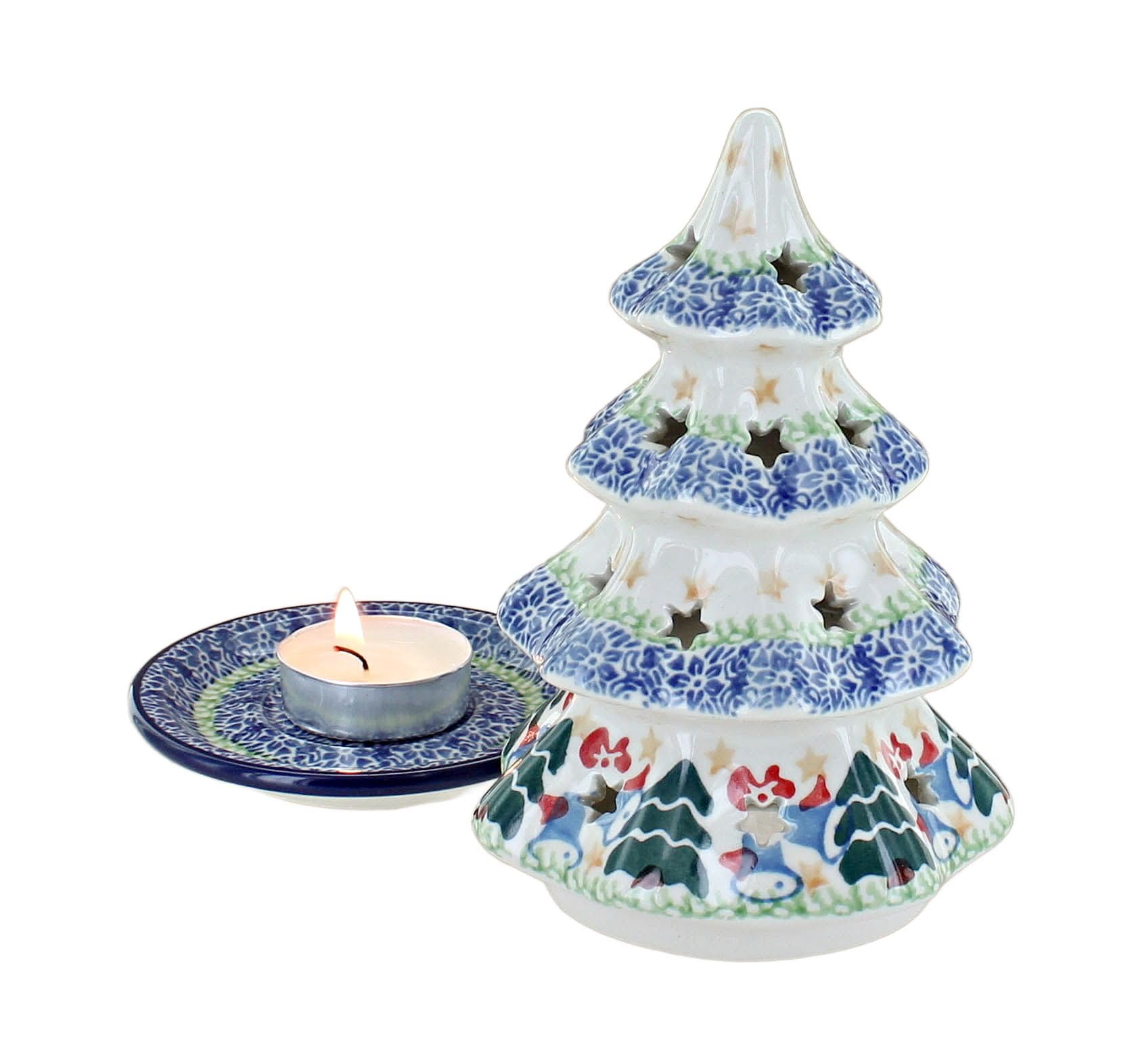 Blue Rose Polish Pottery Winter Bells Christmas Tree Luminary - Handmade Ceramic Holiday Decor for Christmas, Winter, and Home Decoration