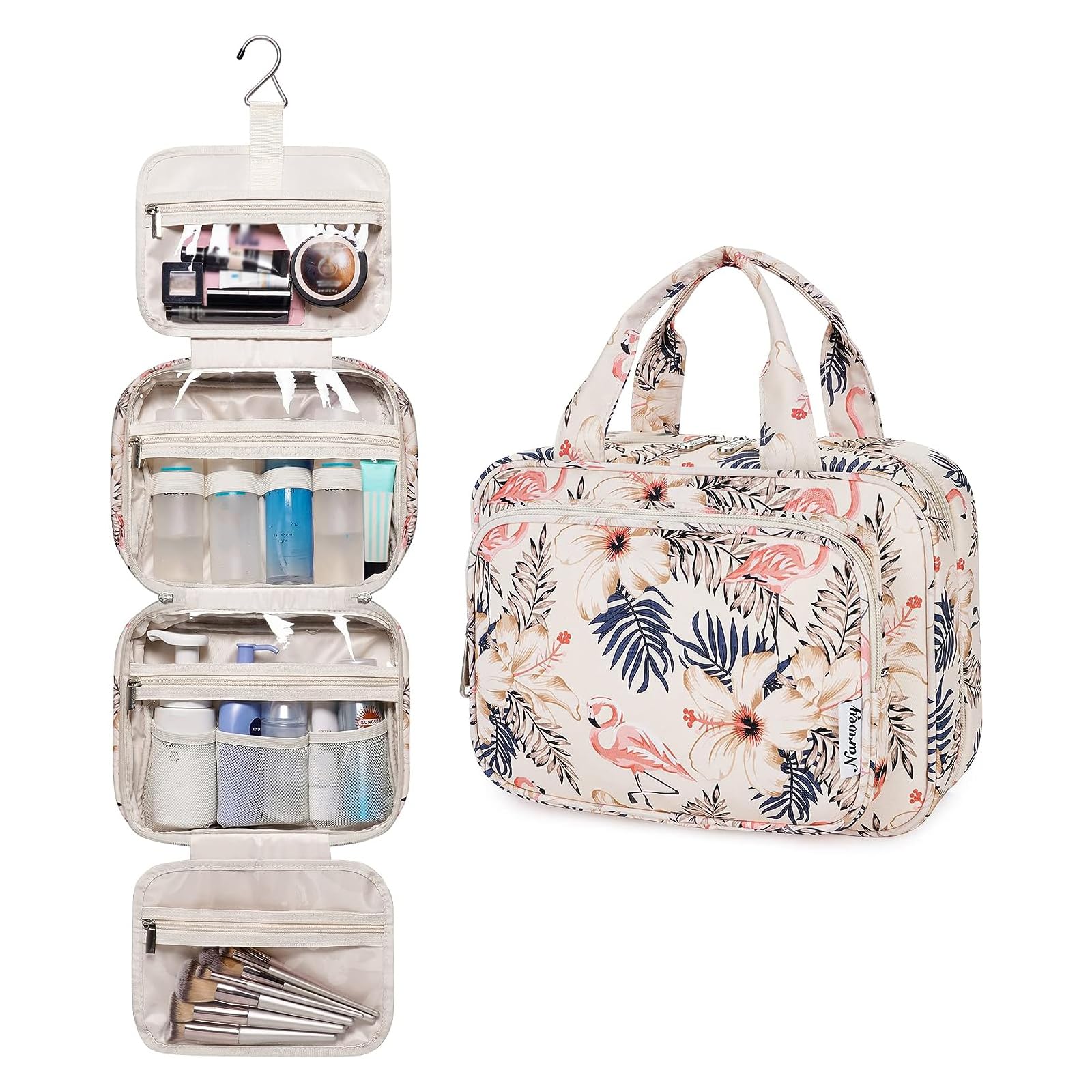Narwey Hanging Toiletry Bag for Women - Travel Makeup Organizer with Multiple Pockets, Waterproof Cosmetic Bag for Toiletries & Travel Essentials (Beige Bird, Medium Size) - Perfect for Vacation, Gym, Camping & Business Trips