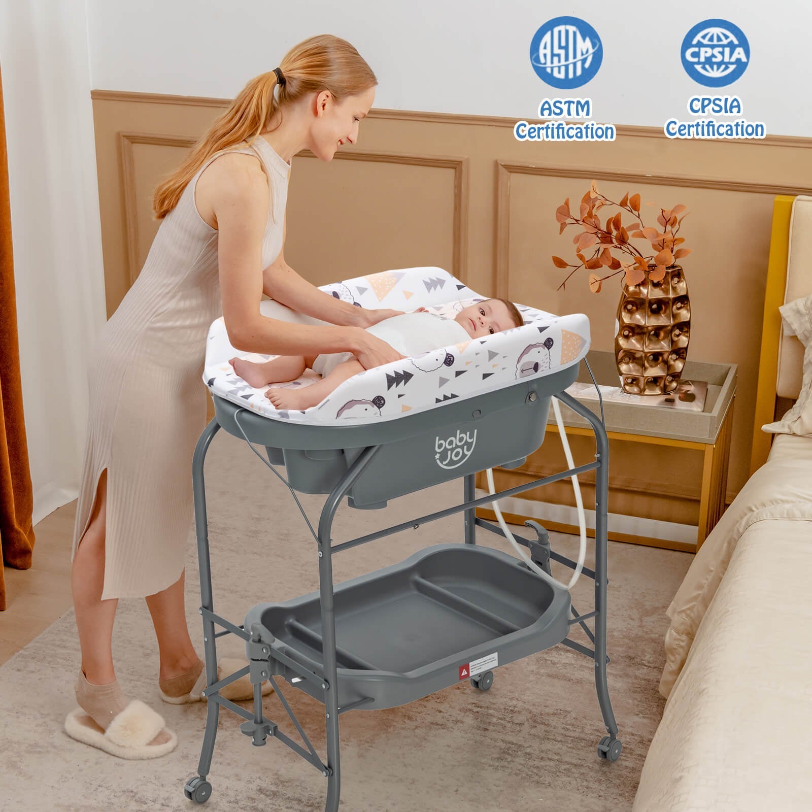 Portable Baby Changing Table with Storage Basket & Shelves - Light Gray | Foldable Diaper Station for Nursery, Travel & On-the-Go Parents | Space-Saving Baby Essentials Organizer