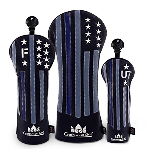 Premium PU Leather Golf Headcovers for Driver, Fairway Wood & Hybrid Clubs - Star Design Craftsman Blue Strips Black - Protect Your Golf Clubs on the Course & During Travel
