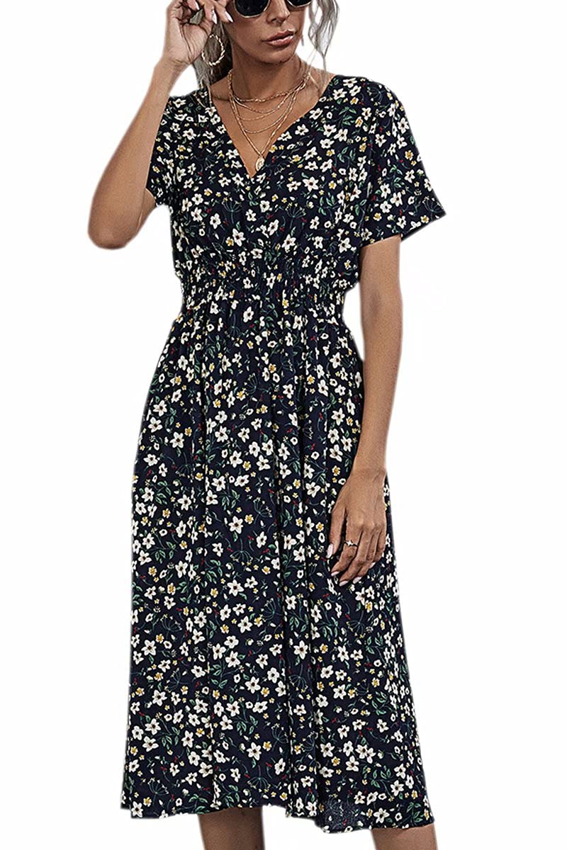 DAYINKEE Women's Floral Midi Dress - Short Sleeve V-Neck Smocked Summer Dress for Casual Outings, Beach Vacations & Date Nights