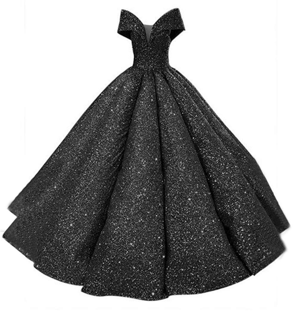 Emanni Women's Off Shoulder Quinceanera Dress Ball Gown - Sequin Prom Dress with Ruffles in Black | Perfect for Sweet 16, Homecoming, and Formal Events