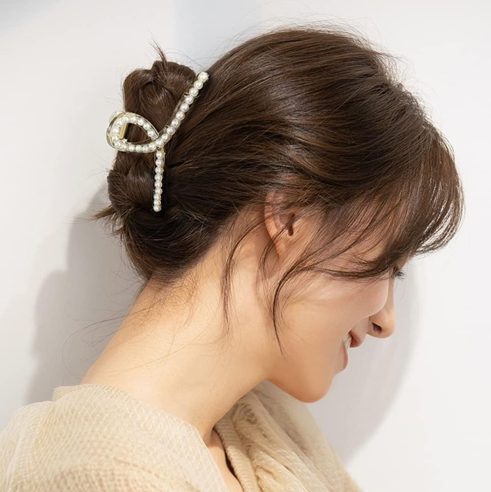 Raddhi Enterprises 2-Pack White Pearl Hair Claw Clips - Non-Slip Hair Jaw Clips for Women & Girls - Small/Medium/Large Barrettes for Thin or Thick Hair - Elegant Hair Accessories for Weddings, Parties & Everyday Use