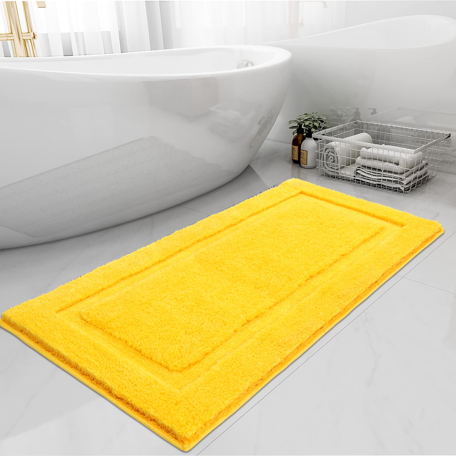 SHACOS Ultra Soft Non-Slip Bathroom Runner Rug 20x47 Inches - Fluffy Microfiber Shaggy Plush Absorbent Bath Mat - Machine Washable Yellow Bath Rug for Bathroom, Shower & Vanity Area