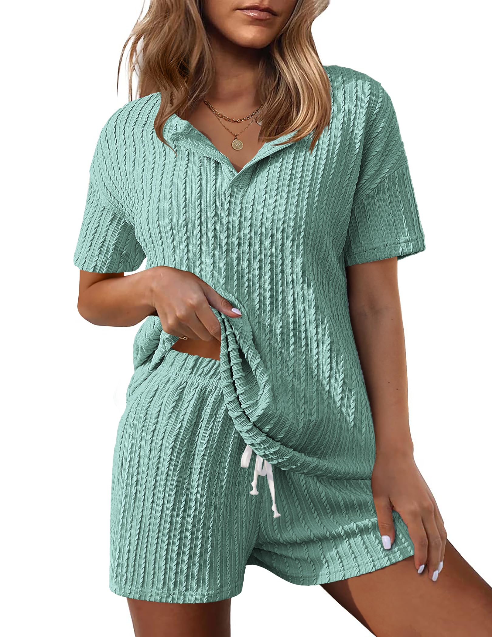 Ekouaer Women's 2-Piece Ribbed Knit Lounge Set - Short Sleeve Top & Shorts Pajama Set, Soft Tracksuit Sweatsuit for Sleepwear, Yoga & Home Relaxation