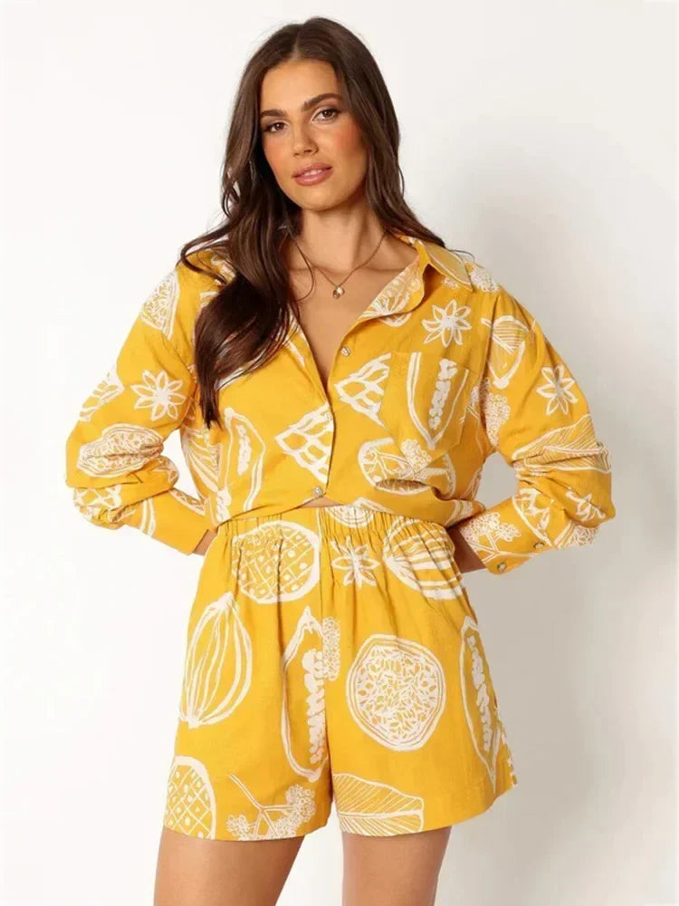 Women's Foridol Fruit Print Pocket Casual Shirt & Shorts Matching Set - Oversized Summer Beach Outfit in White | Perfect for Spring Vacations, Pool Parties & Tropical Getaways