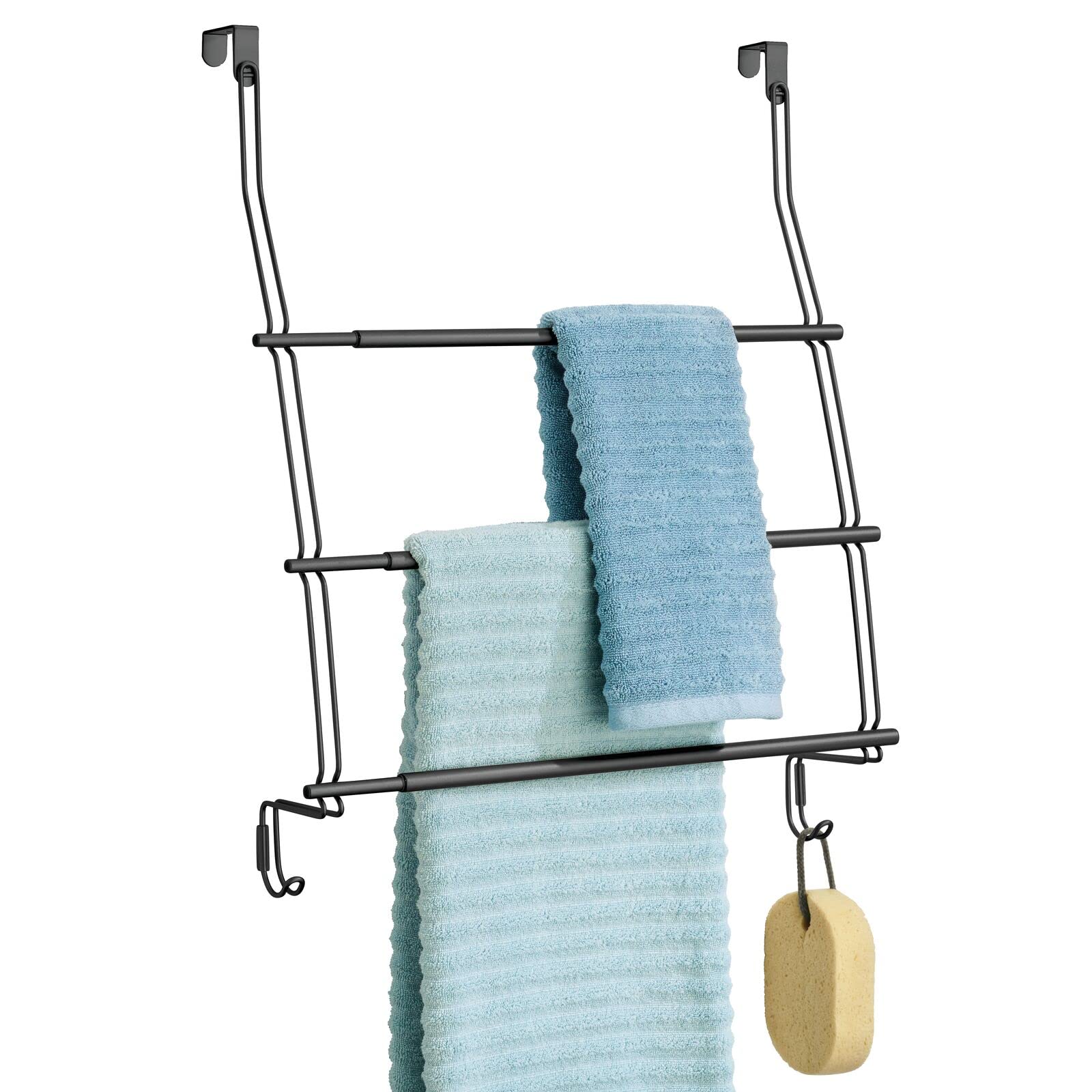 mDesign Expandable 3-Tier Metal Shower Door Towel Rack with 2 Large Hooks - Bathroom Organizer for Hand Towels, Bath Towels, Washcloths, Loofahs & Sponges - Trinity Collection in Matte Black - Perfect for Small Bathrooms, Showers & Space-Saving Storage