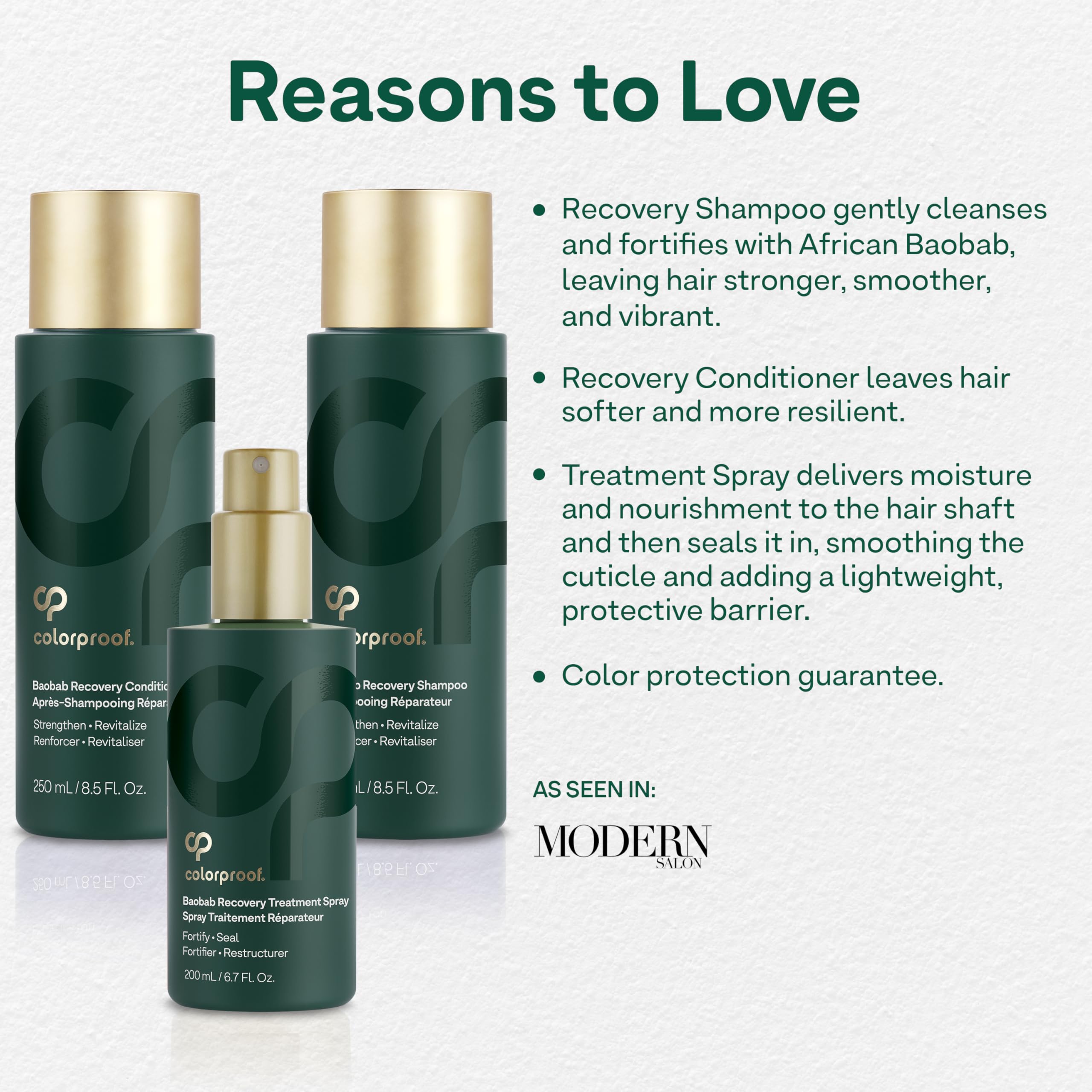 ColorProof Baobab Recovery Hair Kit - Repairing Shampoo & Conditioner Set (8.5 Fl Oz) with Hair Treatment Spray (6.7 Fl Oz) - Damaged Hair Repair & Color Protection for Dry, Brittle Hair - Perfect for Salon Treatments & Home Hair Care