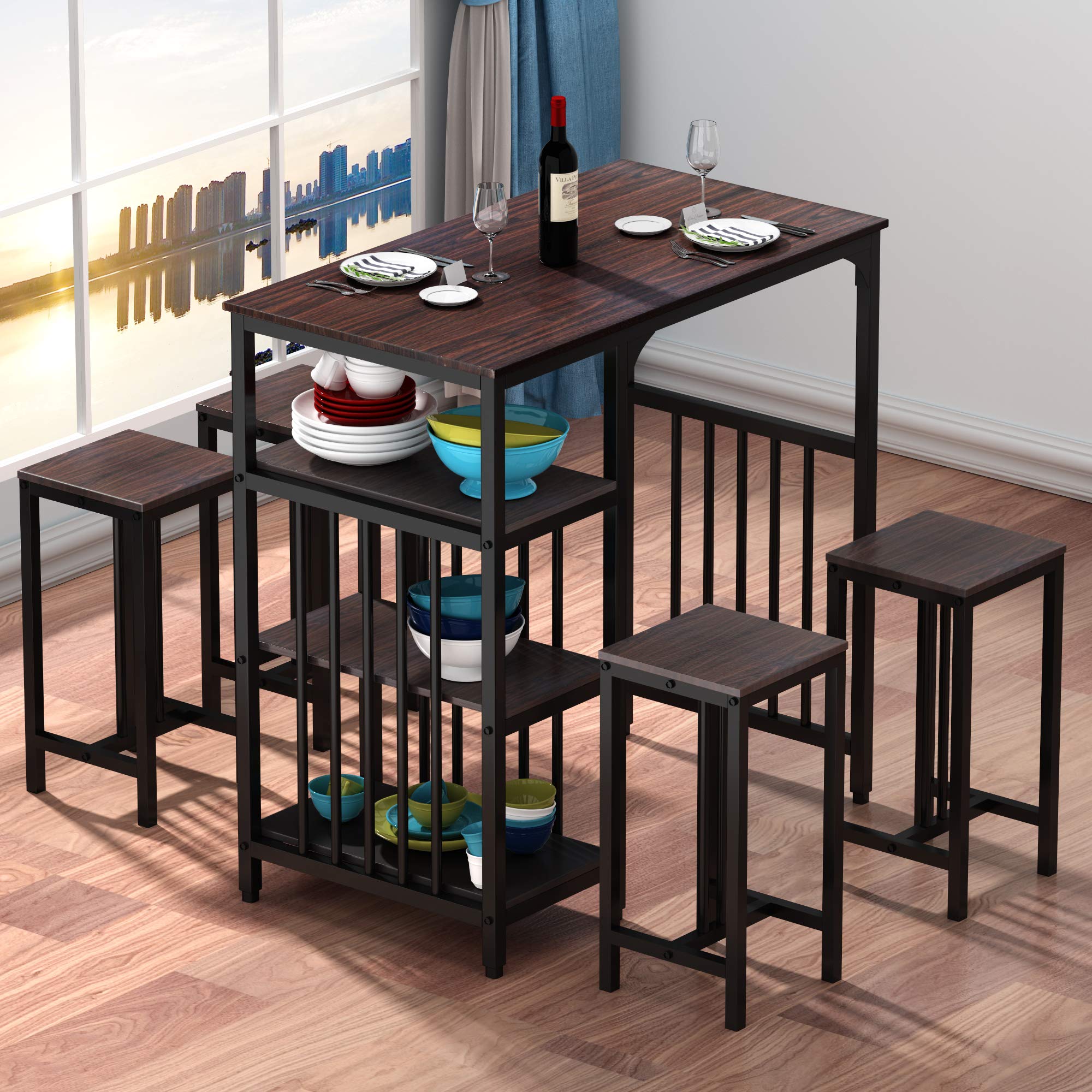Festnight 5-Piece Industrial Counter Height Dining Table Set with Wine Rack & Glass Holder - Dark Brown Bar Table for Kitchen, Breakfast Nook or Small Space Entertaining