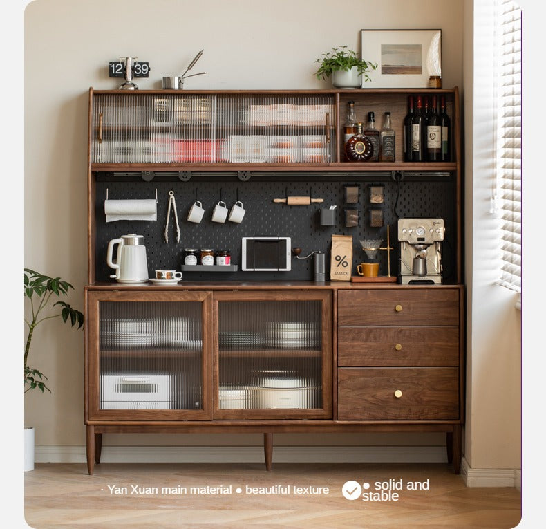 Black Walnut Sideboard with Integrated High Cabinet & Glass Doors - Stylish Storage for Dining Room, Living Room, or Entryway