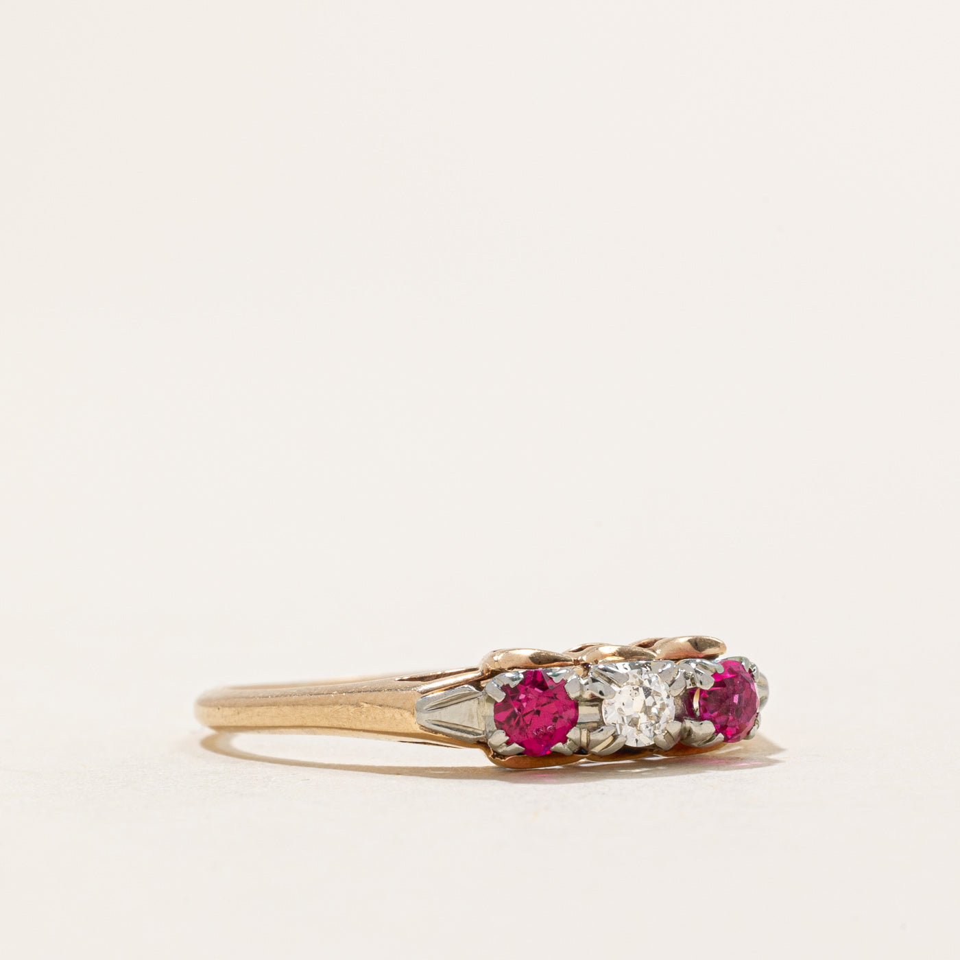 Three Stone Synthetic Ruby & Diamond Ring | 0.24ctw Ruby & 0.07ct Diamond | Size 8.25 | Elegant Engagement, Anniversary, or Gift Jewelry for Women
