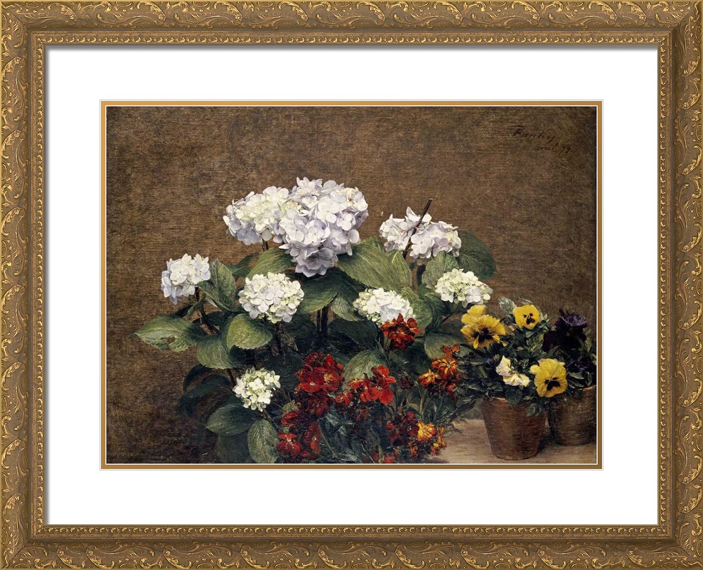 Henri Fantin-Latour 'Hydrangeas Wallflowers and Two Pots of Pansies' 24x20 Inch Gold Ornate Framed Art Print with Double Matting - Perfect for Living Room, Bedroom & Office Wall Decor