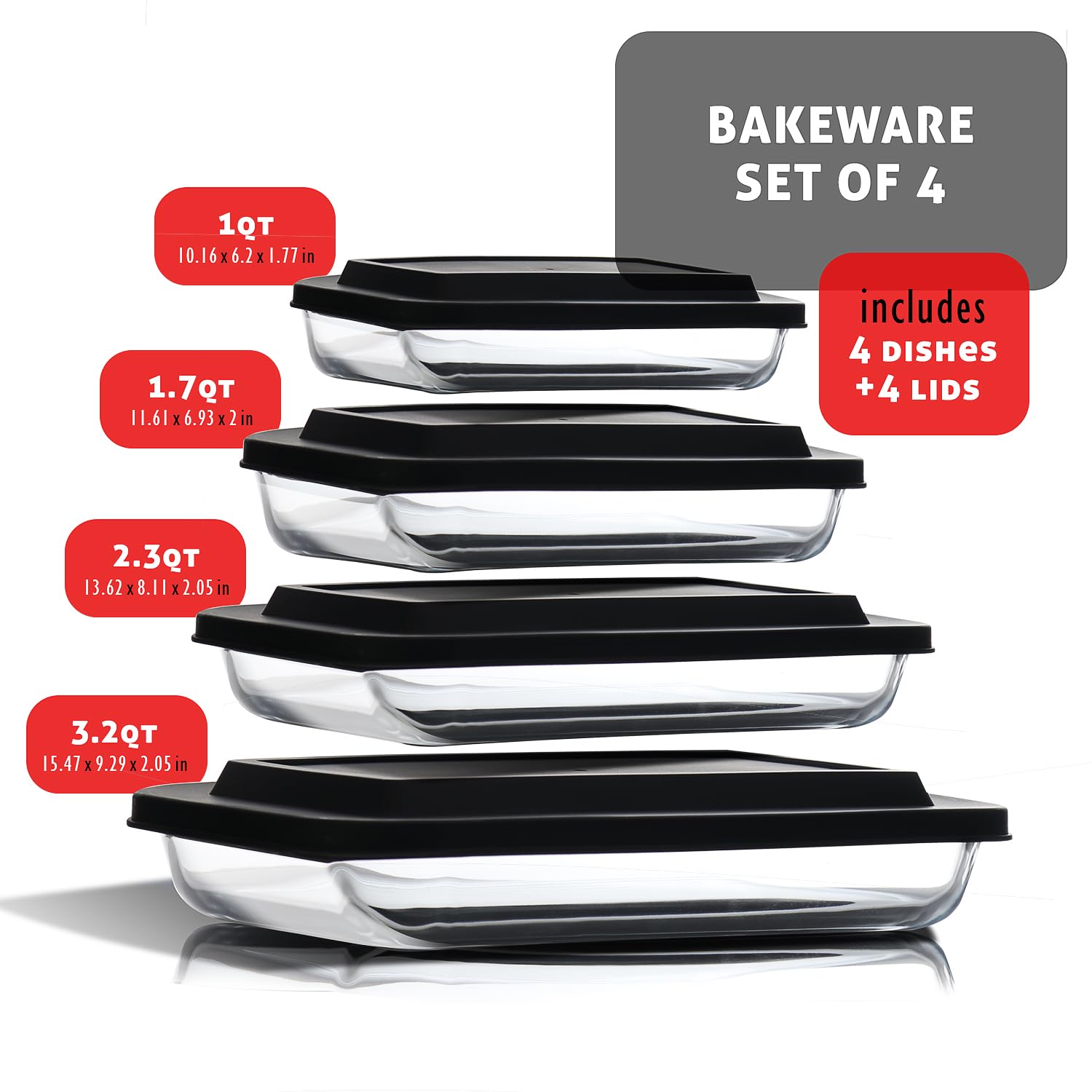 Eatex 8-Piece Oven Safe Glass Casserole Dish Set with Plastic Lids - Rectangular Baking Pans for Lasagna, Cooking, Meal Prep & Leftovers - Freezer to Oven & Dishwasher Safe - Perfect for Family Dinners, Holiday Baking & Meal Storage