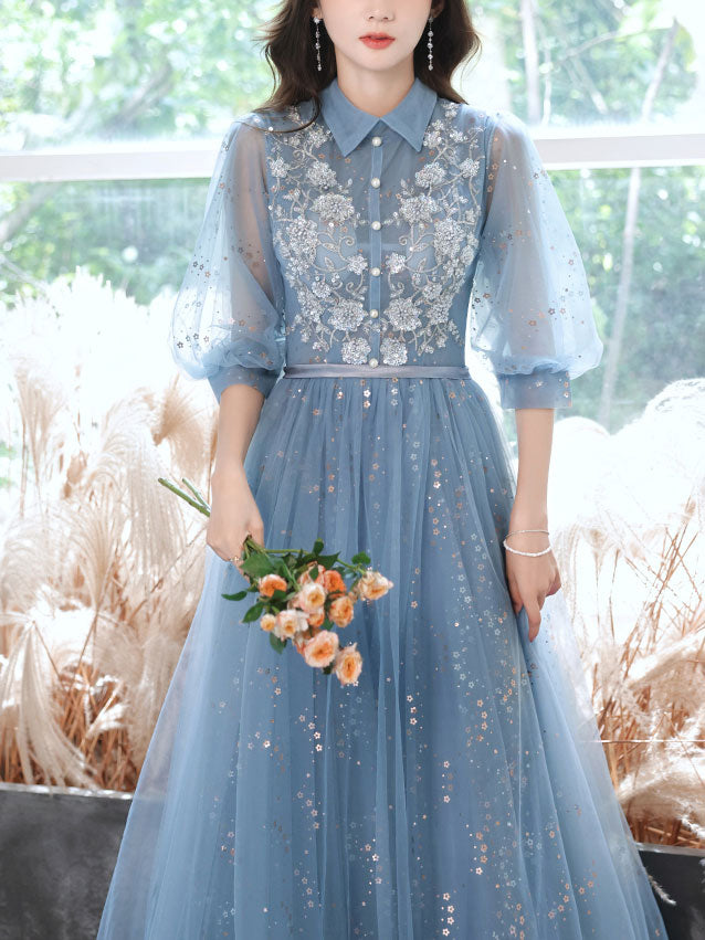 Elegant Blue Tulle Lace Sequin Long Prom Dress - A-Line Evening Gown for Formal Events, Homecoming, and Special Occasions