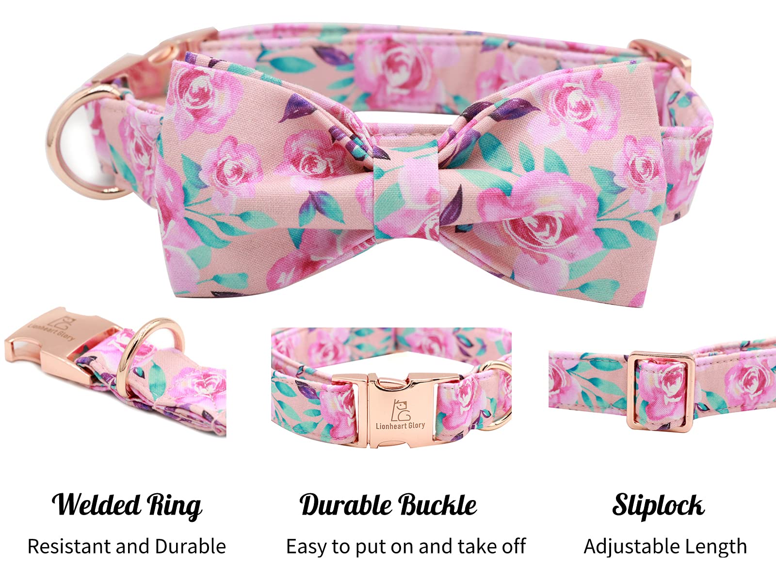 Floral Rose Print Dog Collar with Bowtie - Adjustable Soft Pet Collar for Small, Medium & Large Dogs - Perfect for Daily Walks, Special Occasions & Photo Shoots