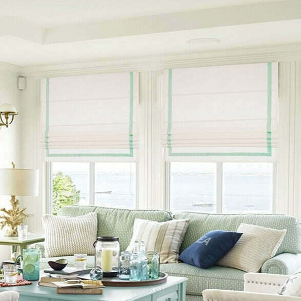 Napa Roman Blinds - White with Aqua Blue Stripe | Blackout Window Shades for Bedroom & Living Room | Modern Home Decor & Light Control