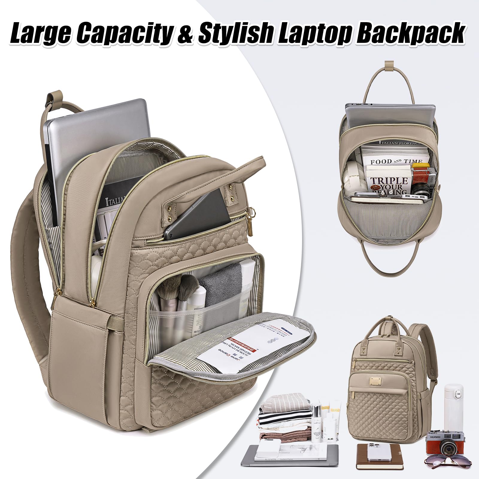 Stylish Waterproof 15.6 Inch Laptop Backpack for Women - Durable Work & Travel Backpack with Built-in Wallet, Perfect for Office, College & Commuting (Khaki)