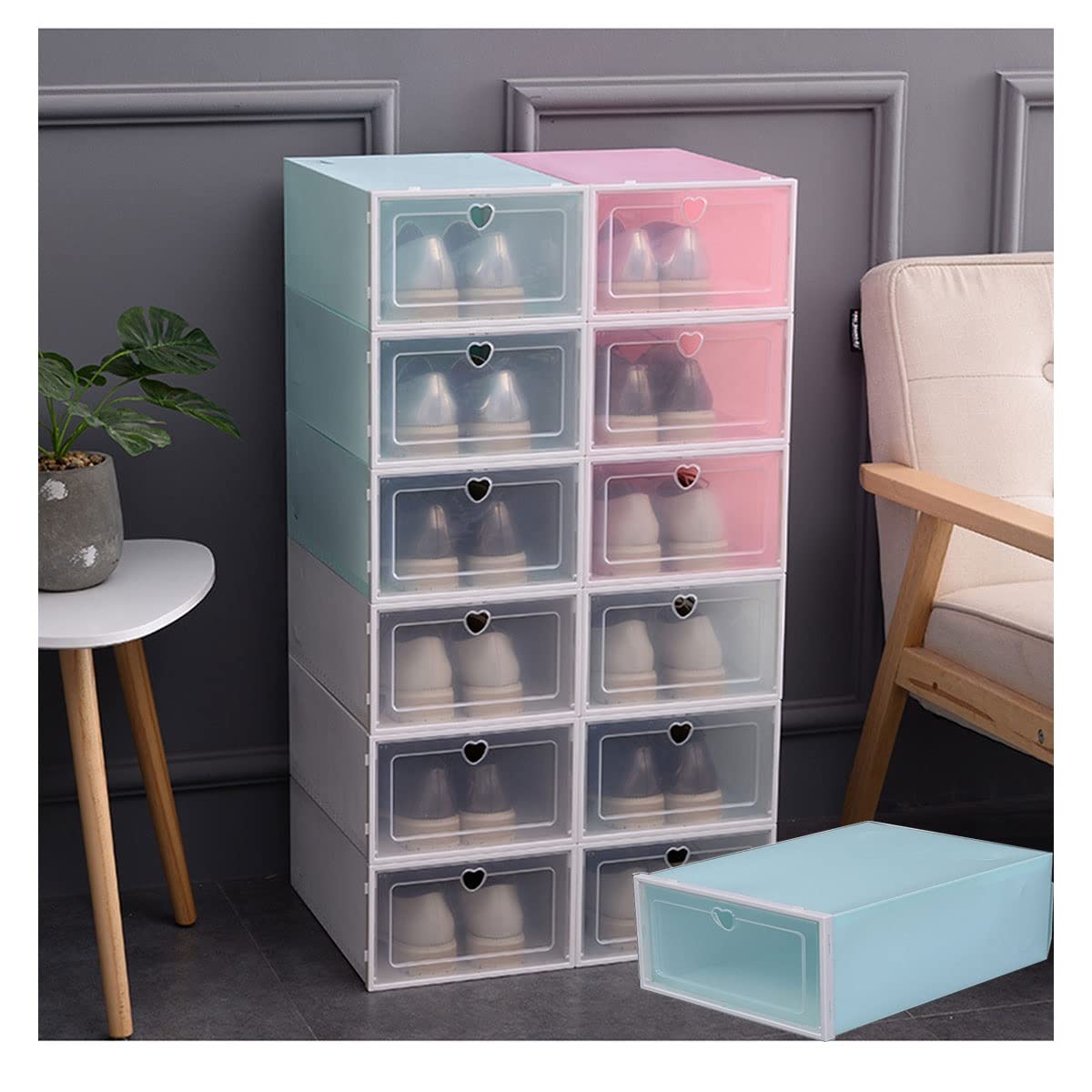 Clear Plastic Stackable Shoe Storage Boxes with Lids - Durable Front Opening Shoe Organizer Containers for Closet, Bedroom & Entryway Organization - Easy to Install Multi-Purpose Storage Solution