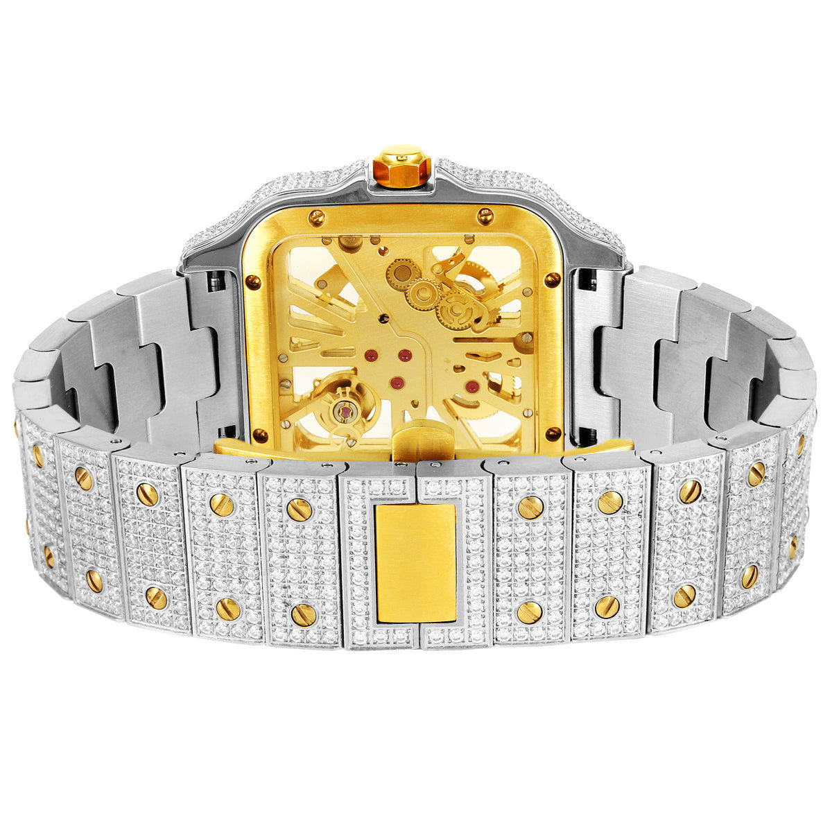 Luxury Men's Stainless Steel Automatic Watch - Iced Out Skeleton Dial with AAA CZ Diamonds, Two-Tone Hip Hop Style for Formal Events & Nightlife
