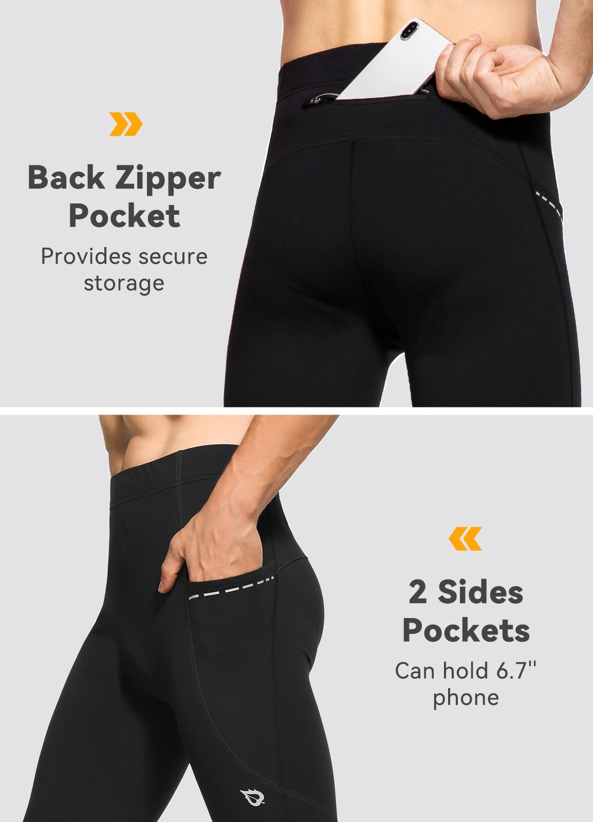 BALEAF Men's Thermal Running Tights - Winter Cycling Pants with Fleece Lining & Pockets - Cold Weather Compression Leggings for Running, Cycling & Outdoor Workouts