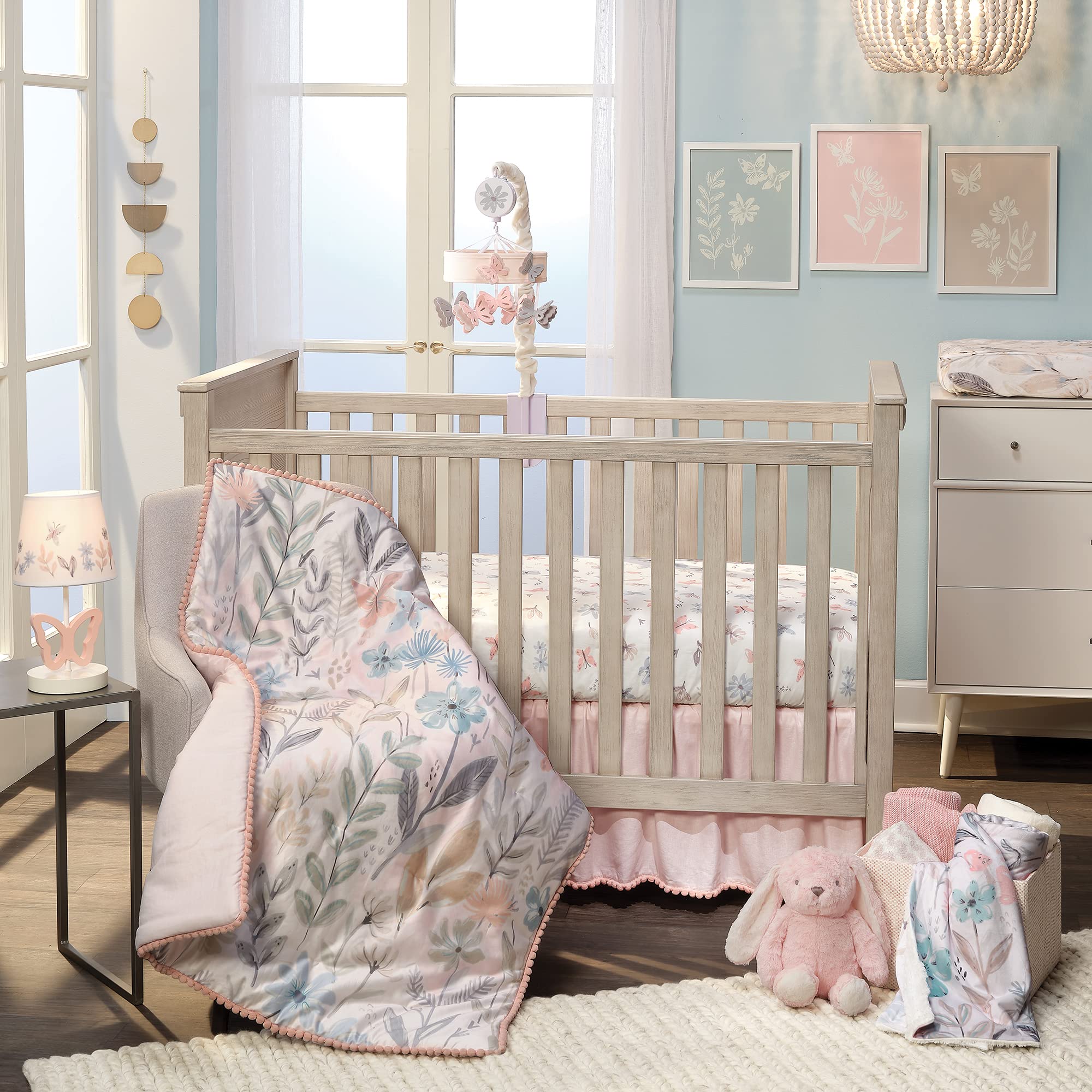 Lambs & Ivy Baby Blooms 3-Piece Pink Floral Butterfly Crib Bedding Set - Soft Nursery Bedding for Girls, Crib Sheet, Skirt & Bumper - Perfect for Baby Showers & Nursery Decor