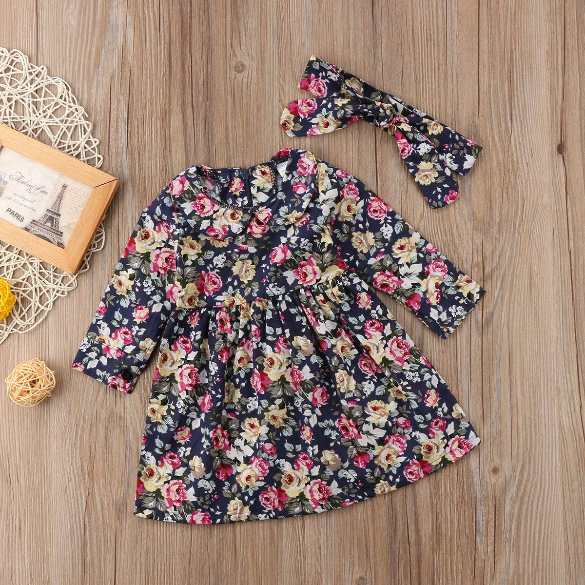 Toddler Baby Girls Floral Long Sleeve A-Line Party Dress with Doll Collar & Bow Headband - Cute Outfit for Birthday, Holiday & Special Occasions