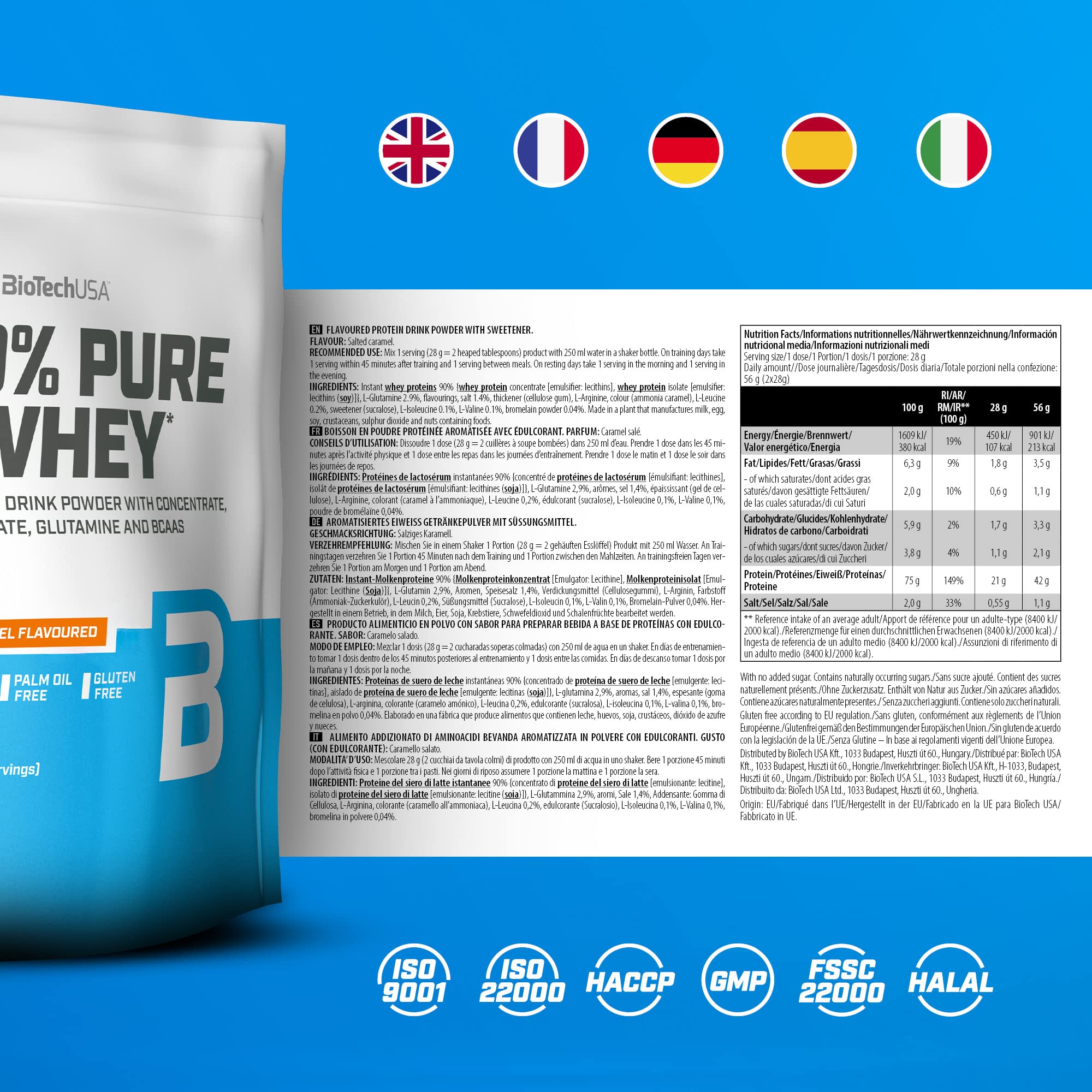 BioTechUSA 100% Pure Whey Protein Powder - Salted Caramel Flavor, 35.2oz (1000g) | Muscle Recovery & Post-Workout Supplement for Athletes & Fitness Enthusiasts