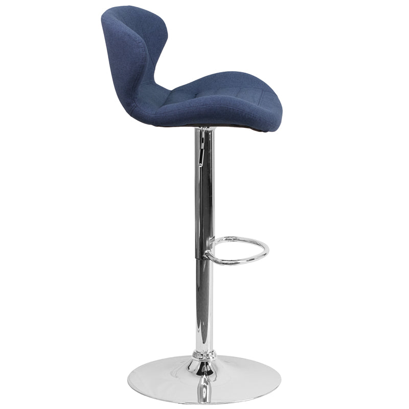 FLASH Francis Modern Blue Fabric Adjustable Height Bar Stool with Curved Back & Chrome Base - Perfect for Kitchen Islands, Breakfast Bars & Home Decor