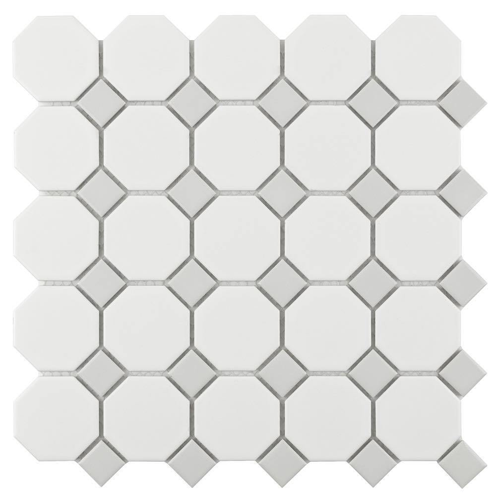 Premium Octagonal Porcelain Mosaic Tile - White & Grey Geometric Pattern - Perfect for Kitchen Backsplash, Bathroom Wall, and Flooring Design