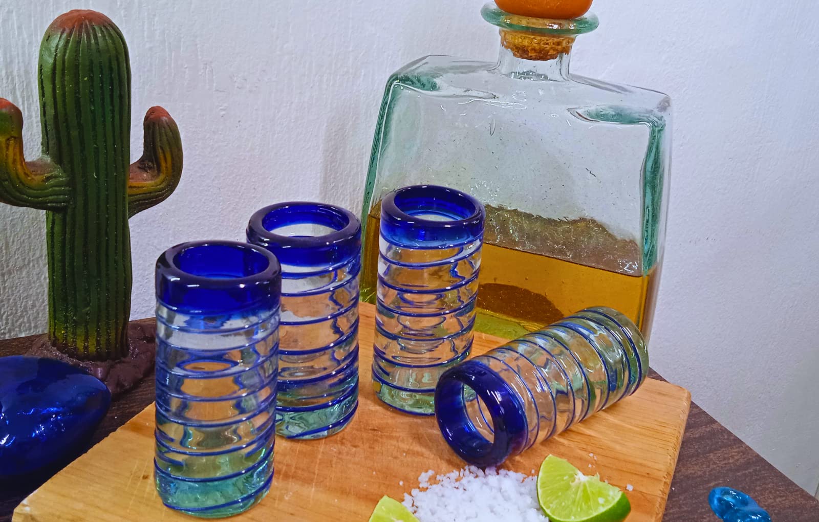 Authentic Mexican Tequila Shot Glasses Set - Hand Blown 2oz Tequila Glasses (4-Piece, Cobalt Blue Spiral Design) - Perfect for Parties, Cinco de Mayo Celebrations & Home Bar Decor